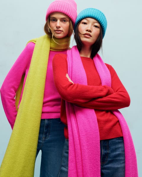 Two woman wearing Nordstrom knit scarves and hats.