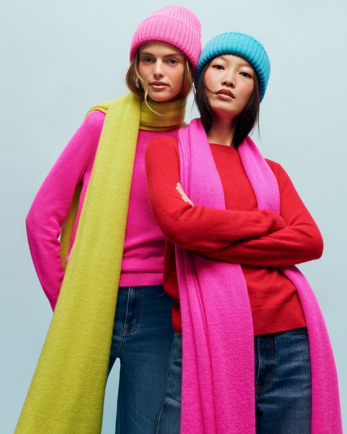 Two women in Nordstrom cashmere scarves and sweaters.