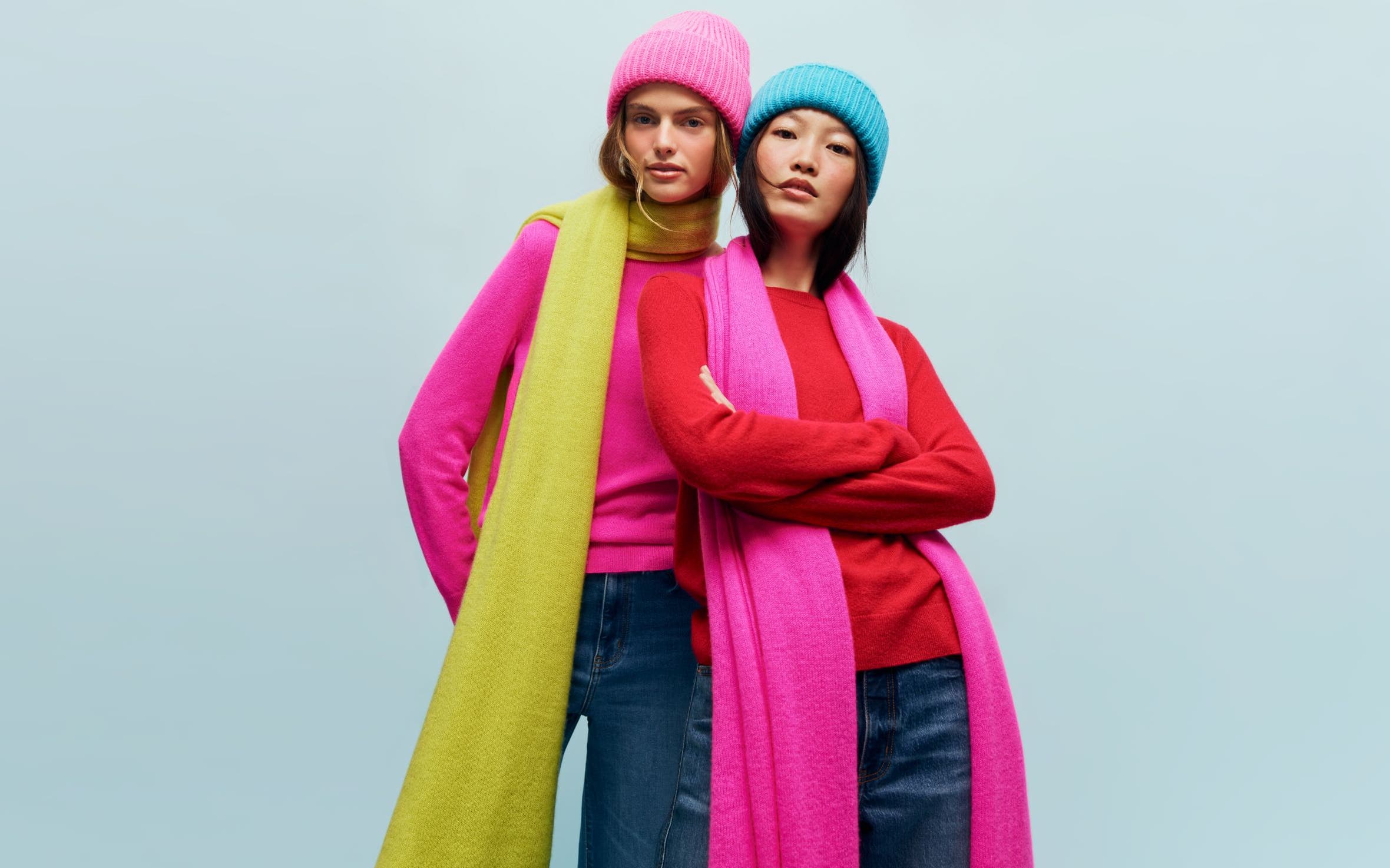 Two women in Nordstrom cashmere scarves and sweaters.