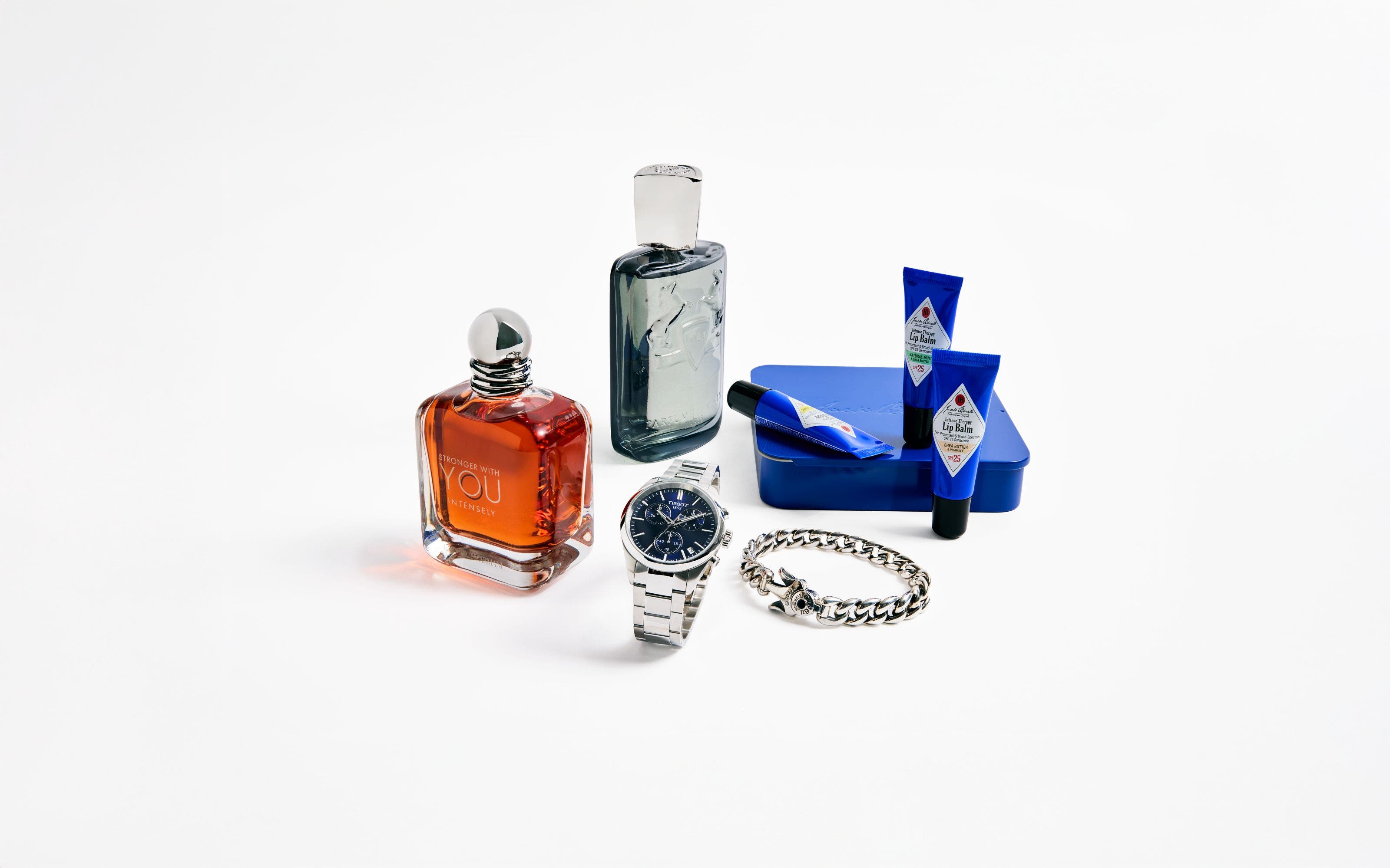A selection of men's accessories and grooming essentials.