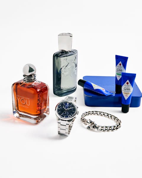 A selection of men's accessories and grooming essentials.