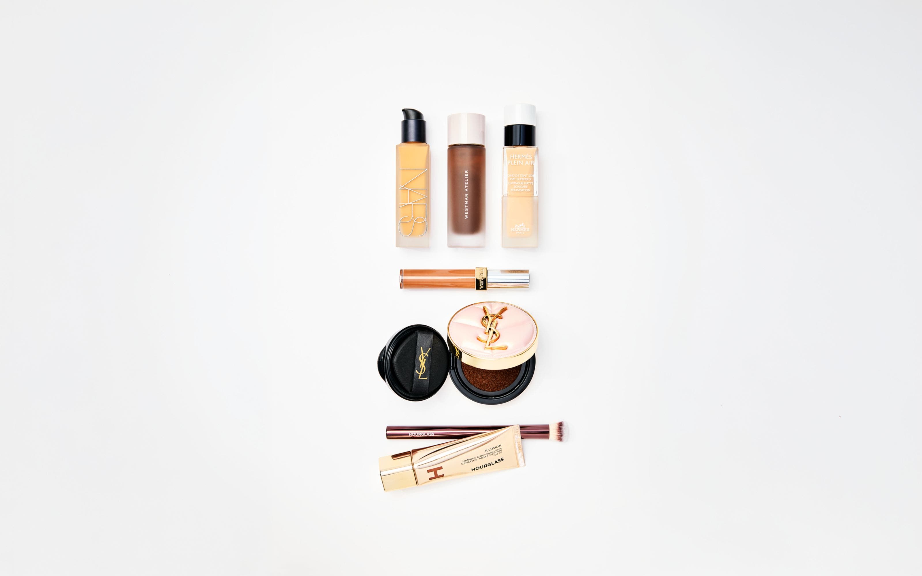 An assortment of foundation products.