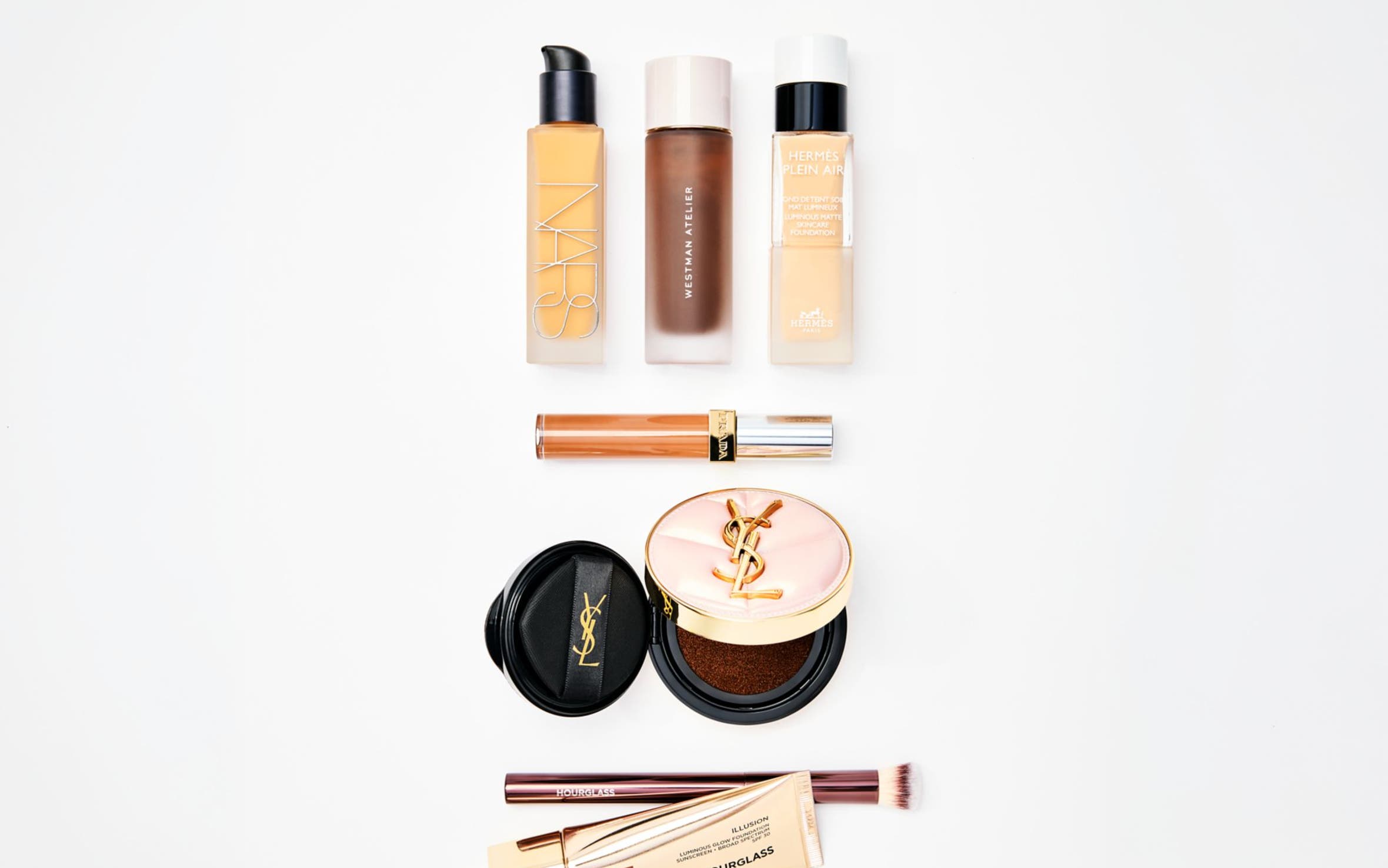 An assortment of foundation products.