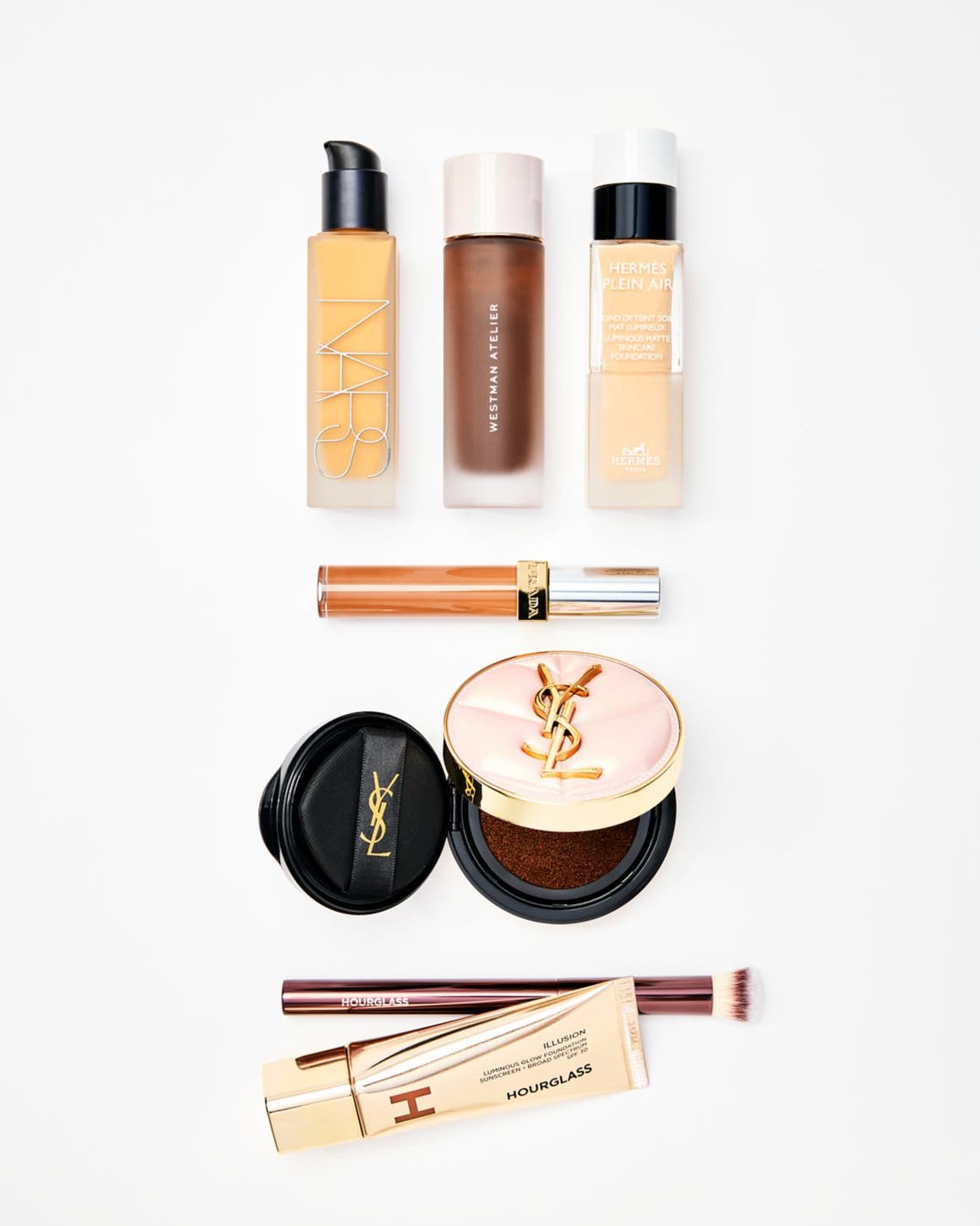 An assortment of foundation products.