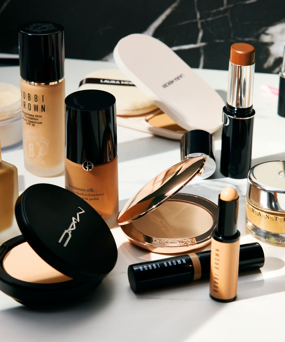 A variety of foundation makeup products.