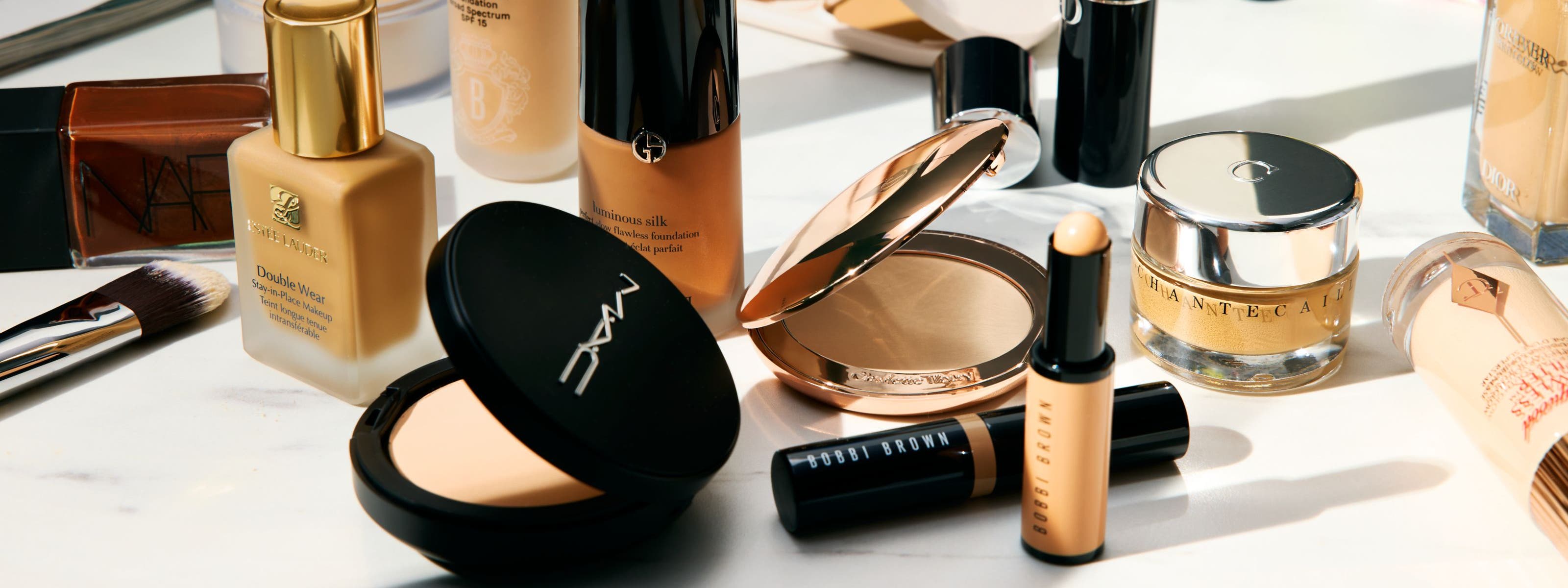 A variety of foundation makeup products.