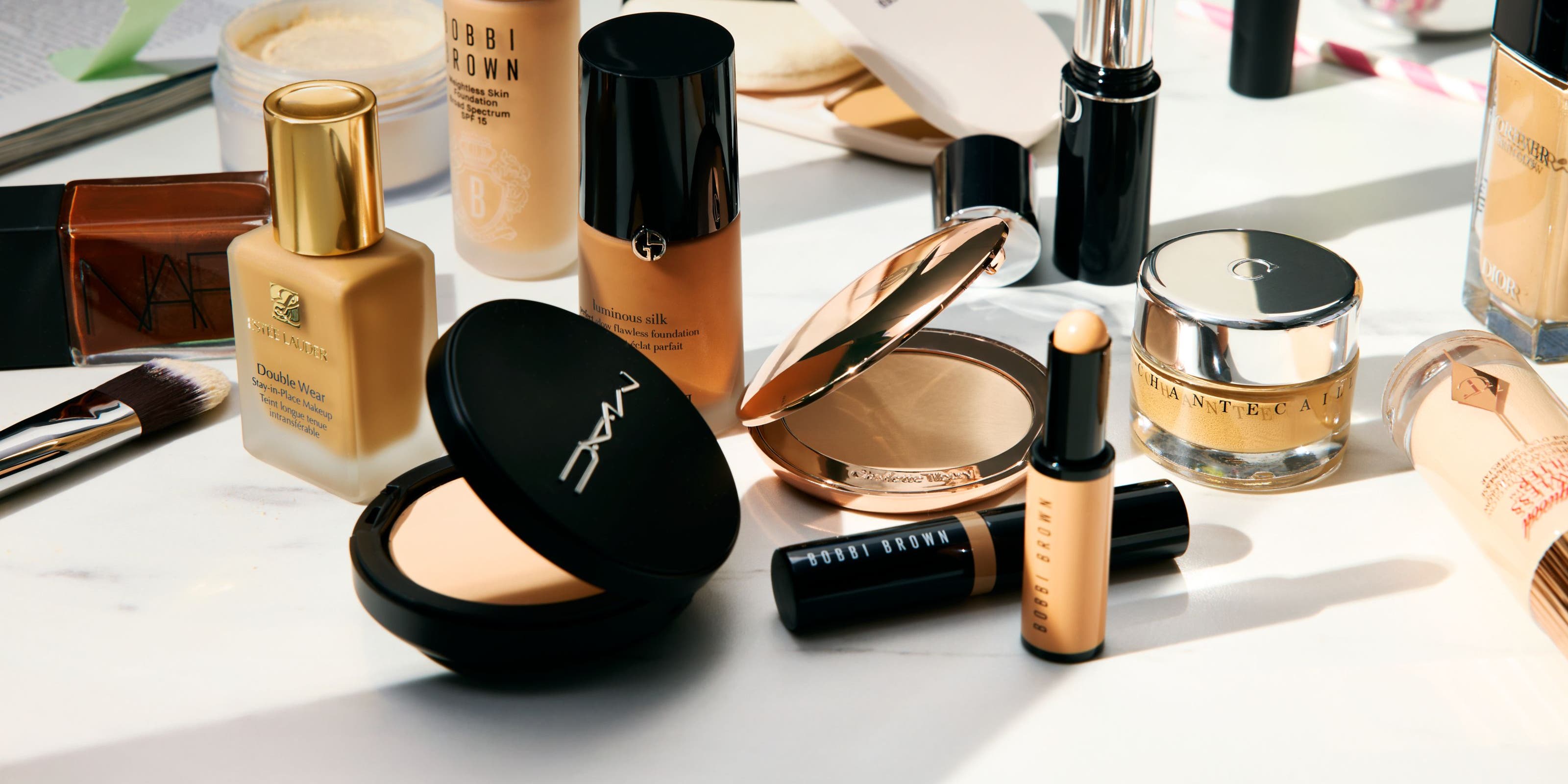 A variety of foundation makeup products.