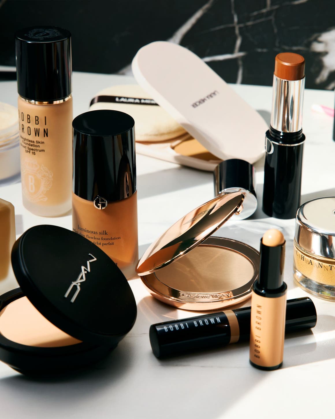 A variety of foundation makeup products.