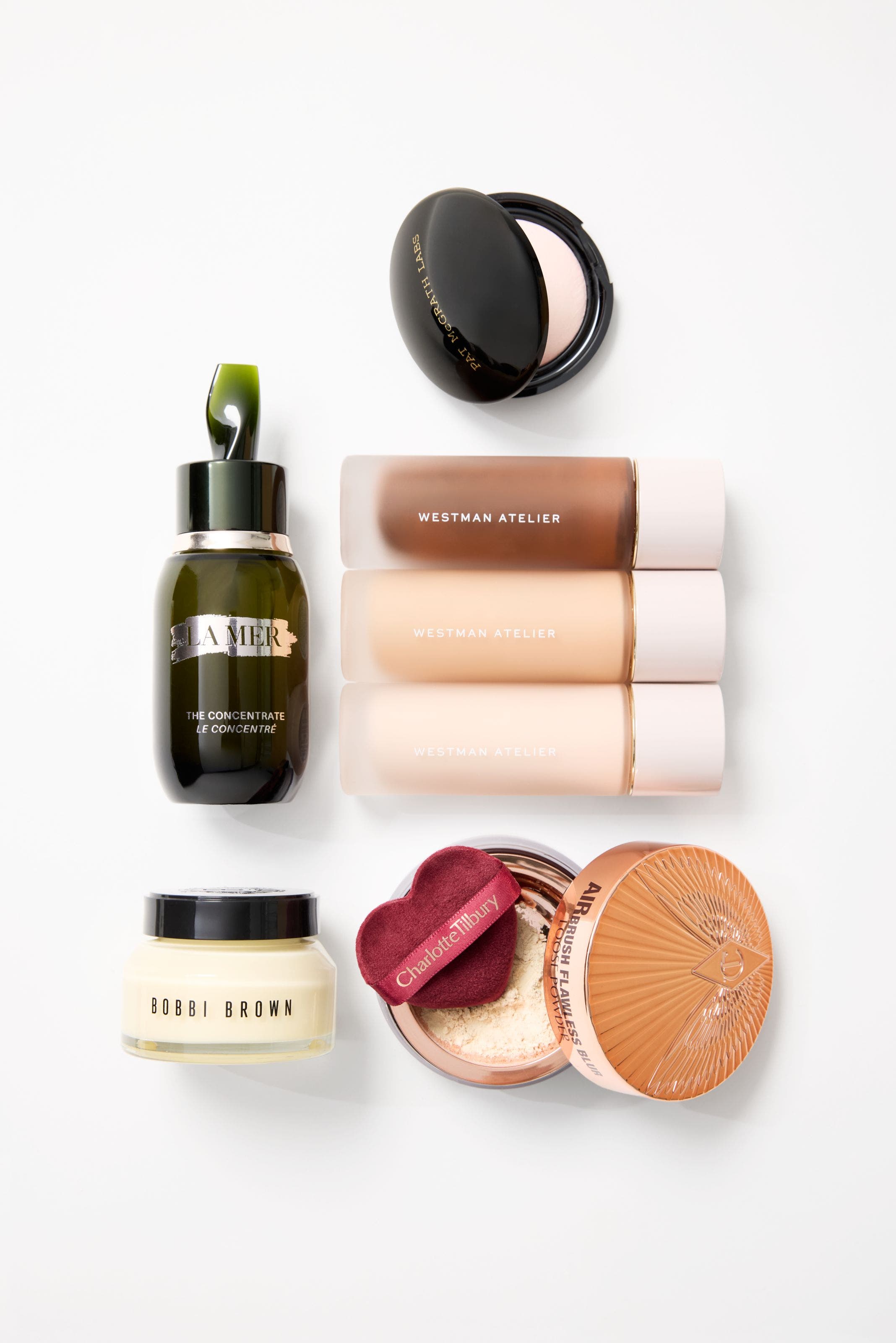 Assorted beauty products including skincare and makeup.