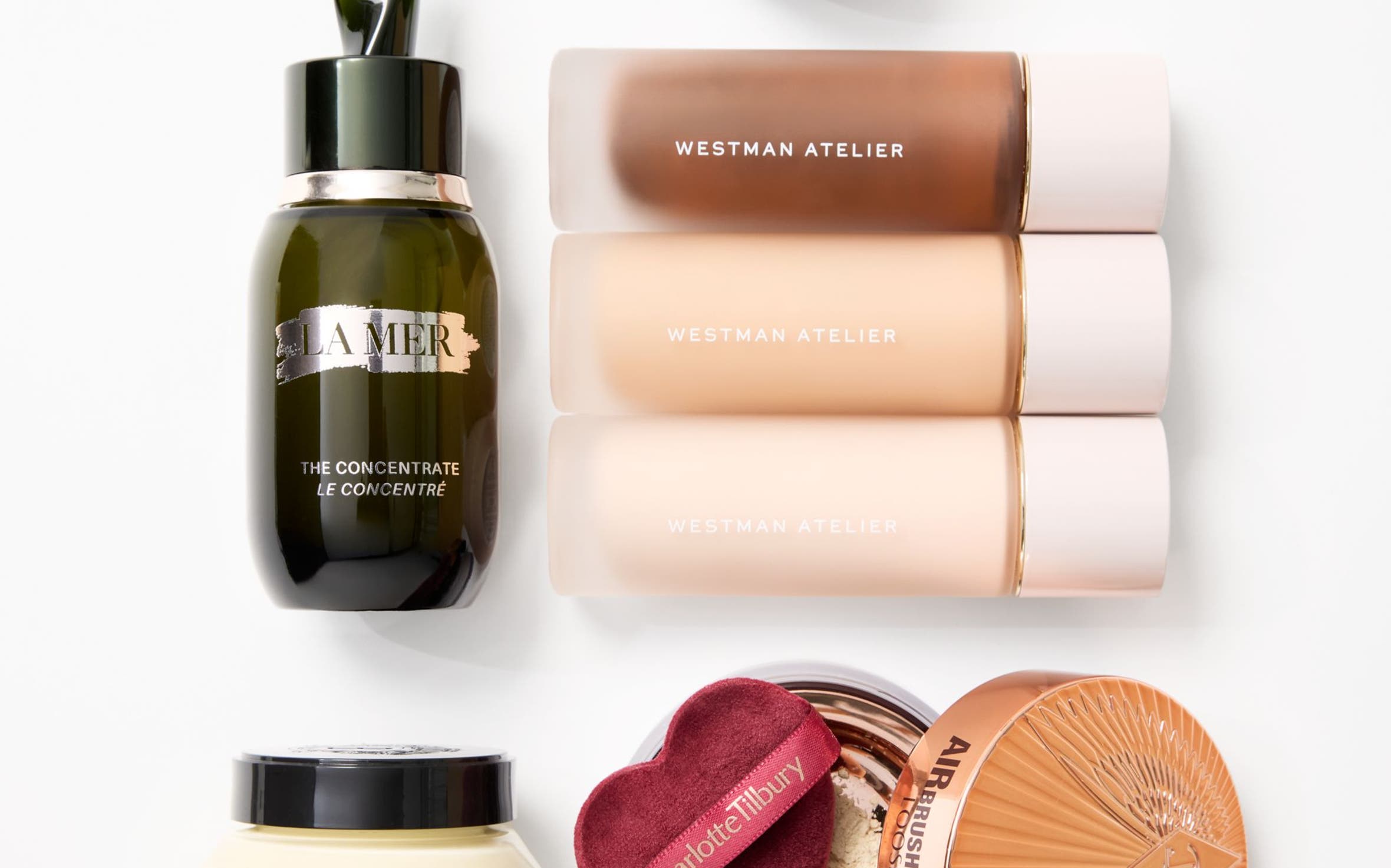 Assorted beauty products including skincare and makeup.