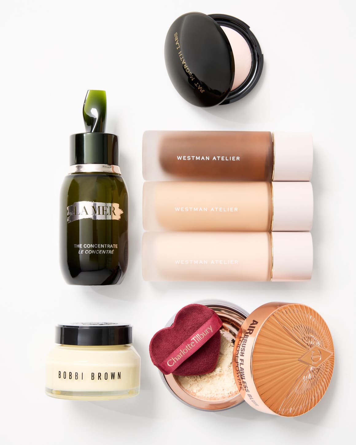 Assorted beauty products including skincare and makeup.