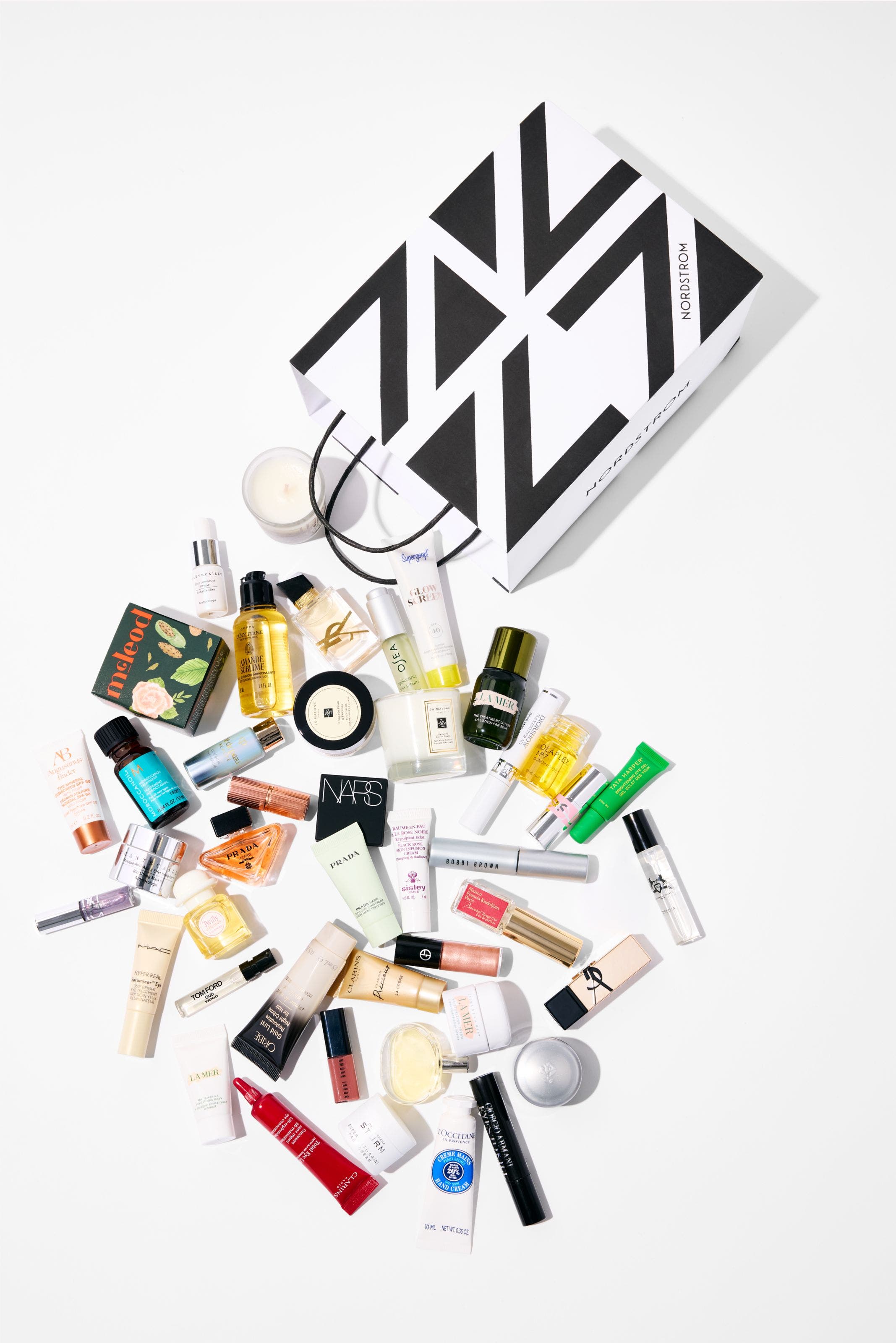 beauty samples and a shopping bag.