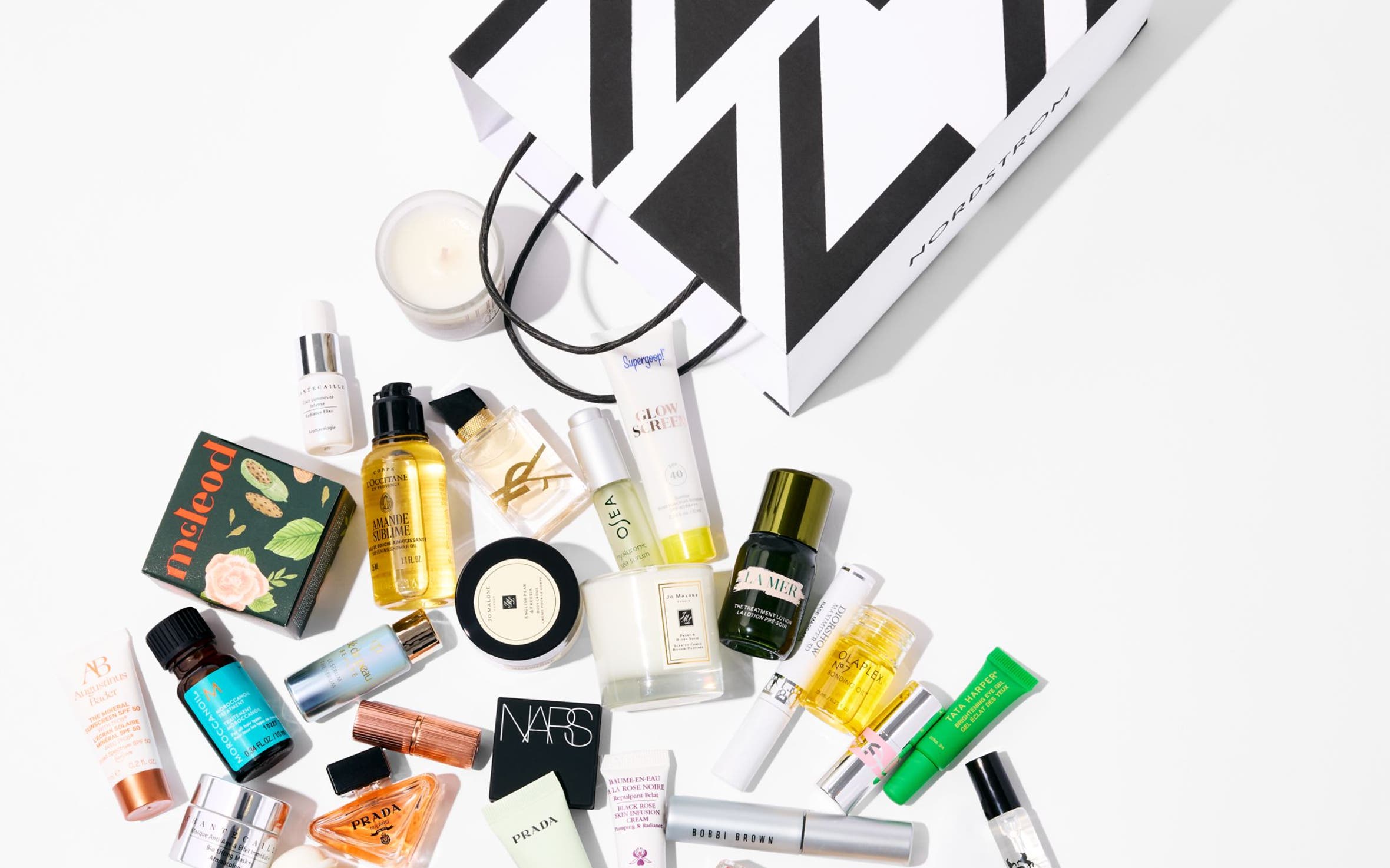 beauty samples and a shopping bag.