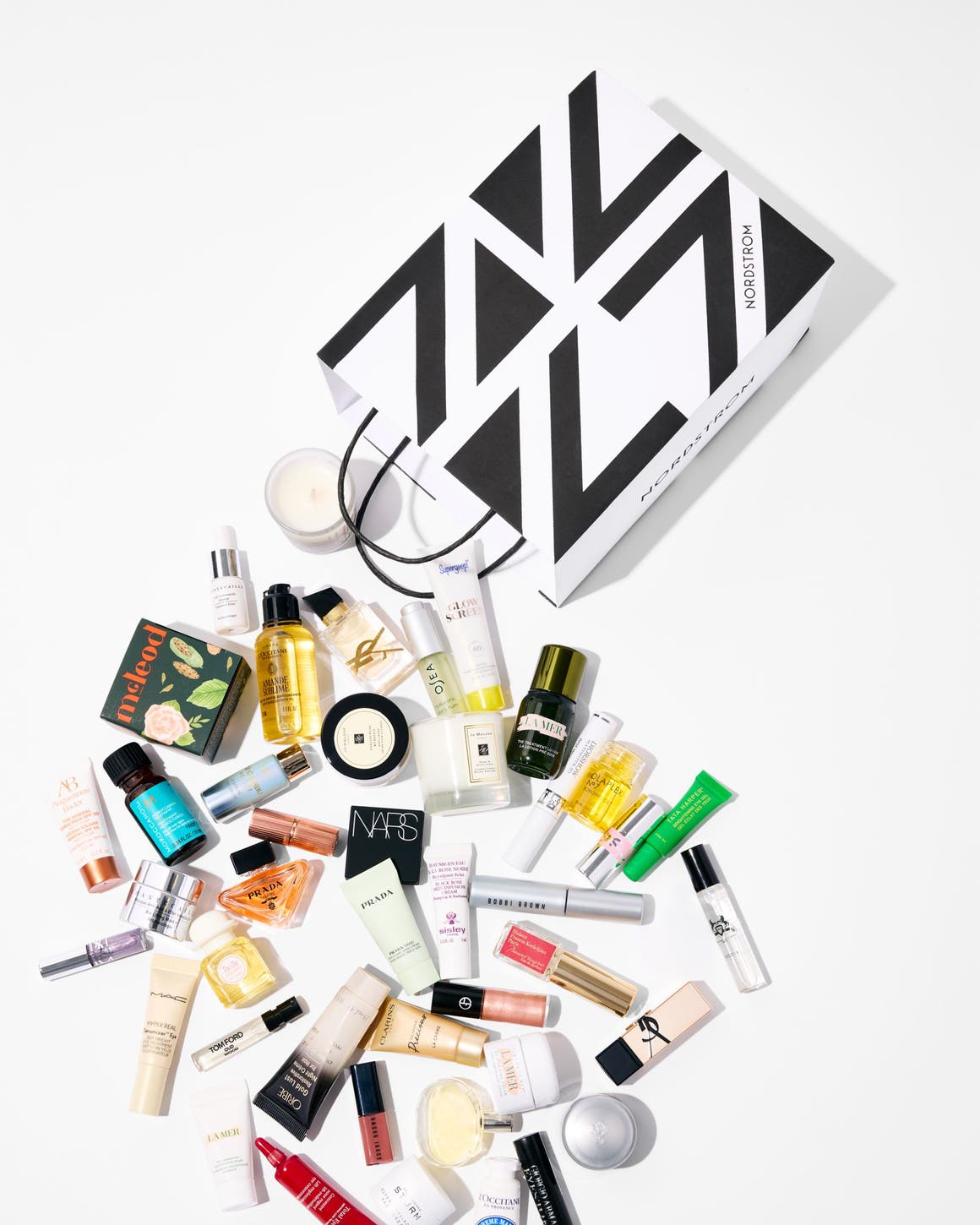 beauty samples and a shopping bag.