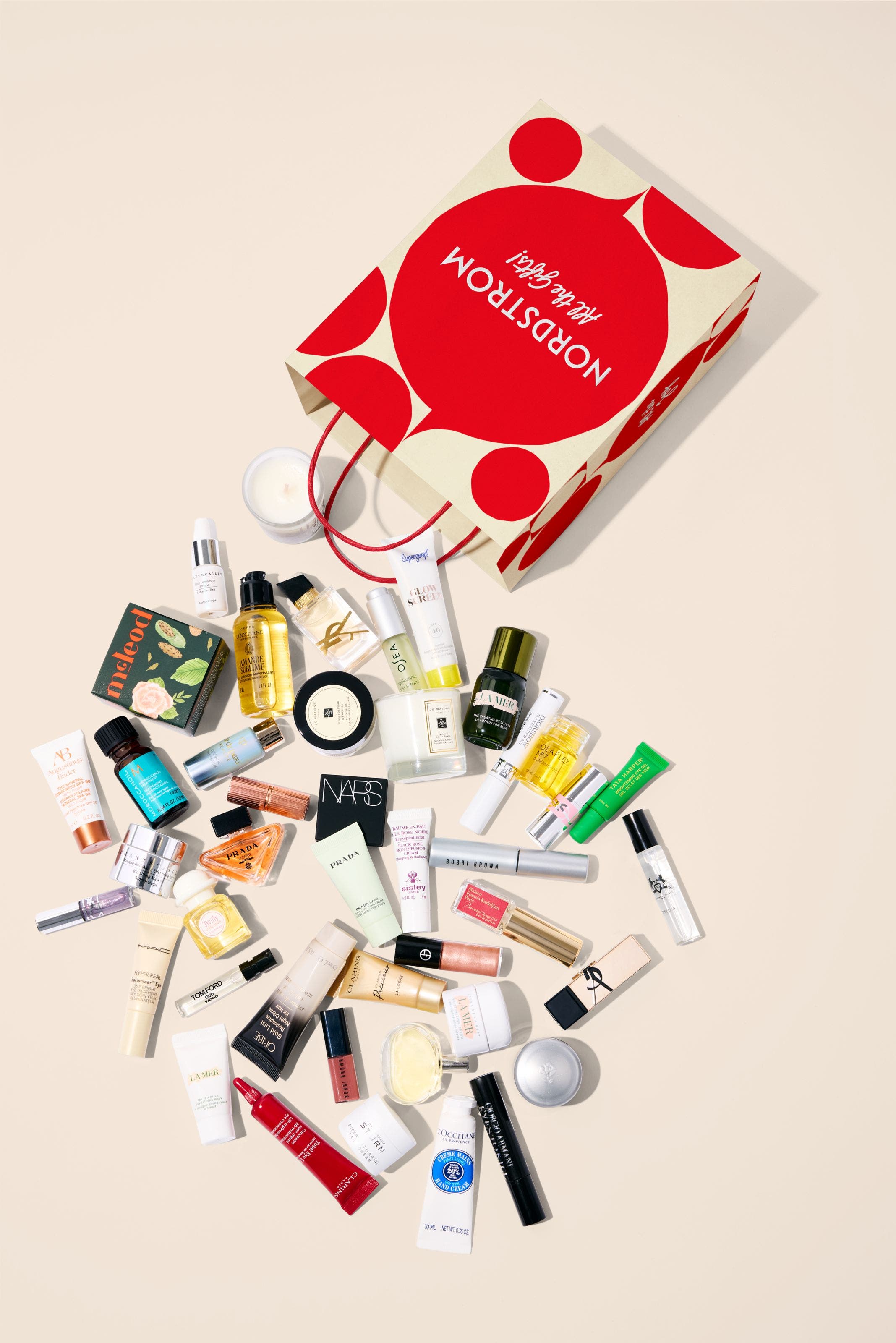 Beauty samples falling out of a shopping bag.