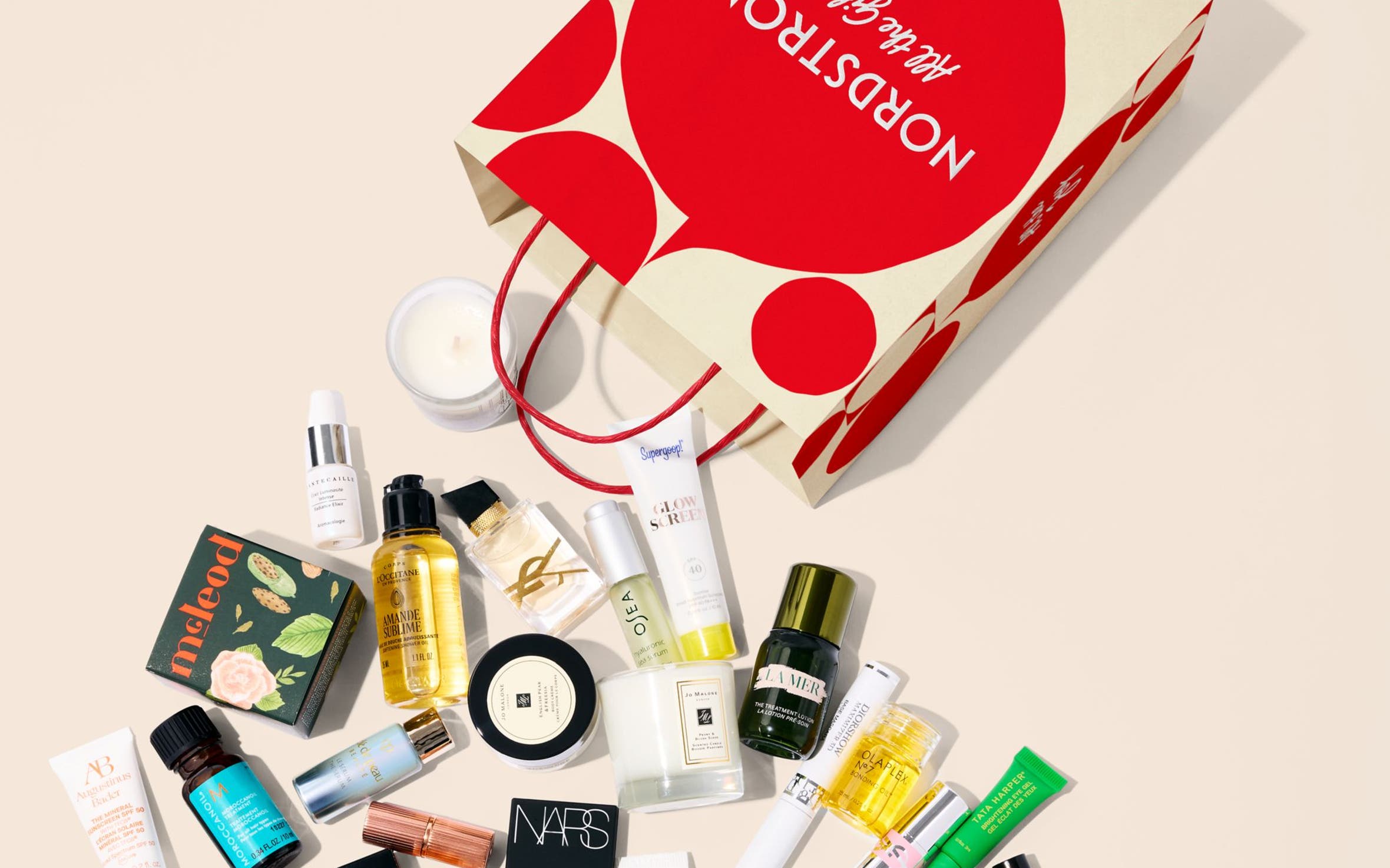 Beauty samples falling out of a shopping bag.