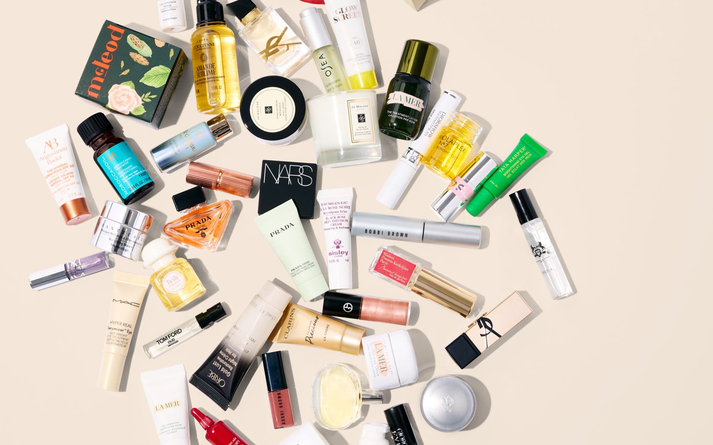 Beauty samples falling out of a shopping bag.