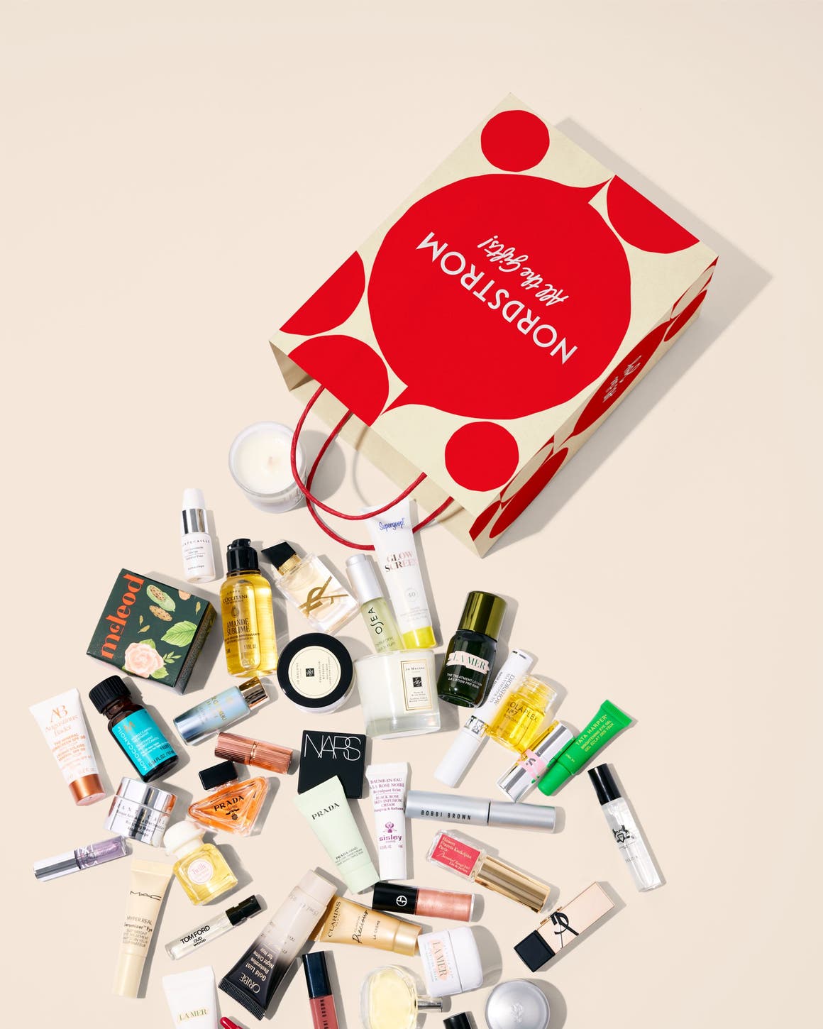 Beauty samples falling out of a shopping bag.