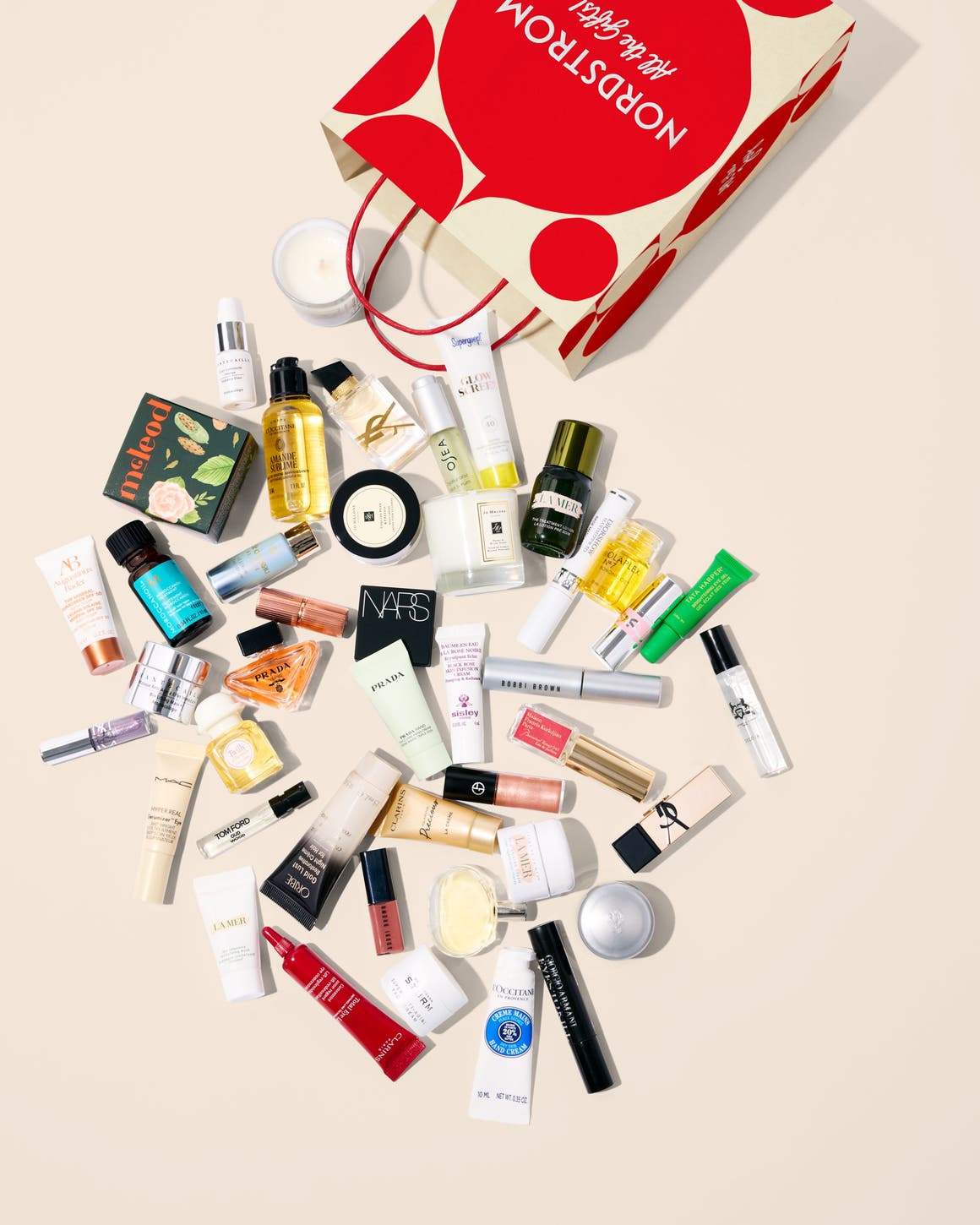 Beauty samples falling out of a shopping bag.