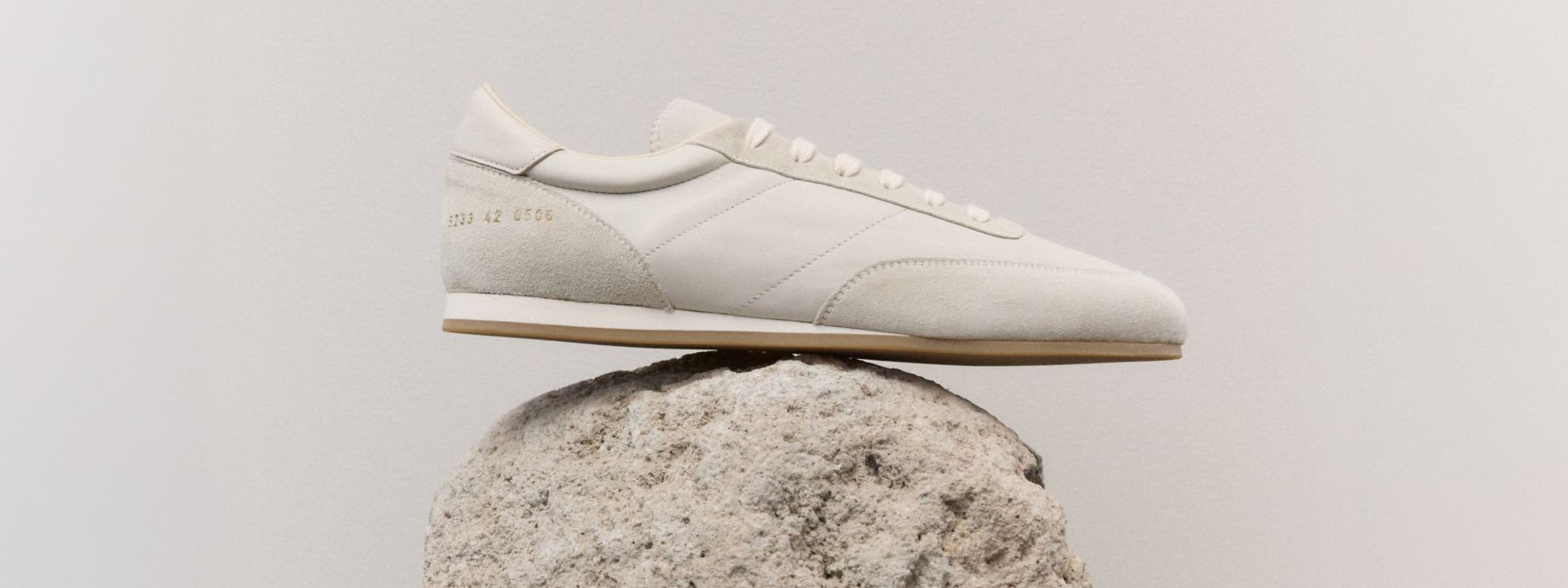 A sneaker balanced on a rock.