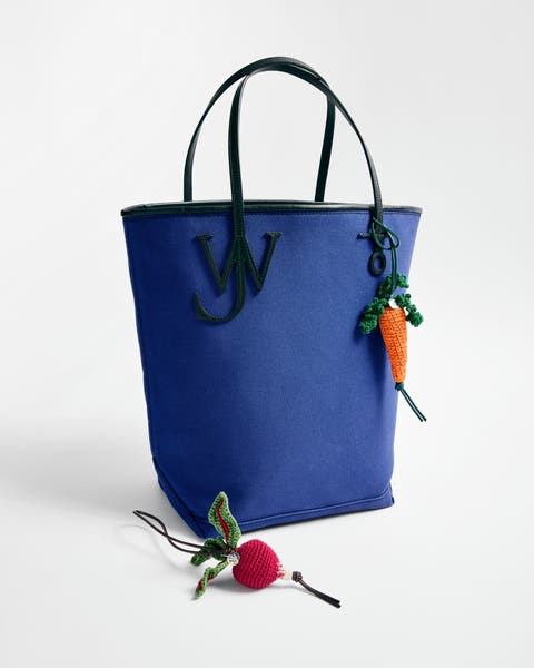 JW Anderson handbag in blue with bag charms.