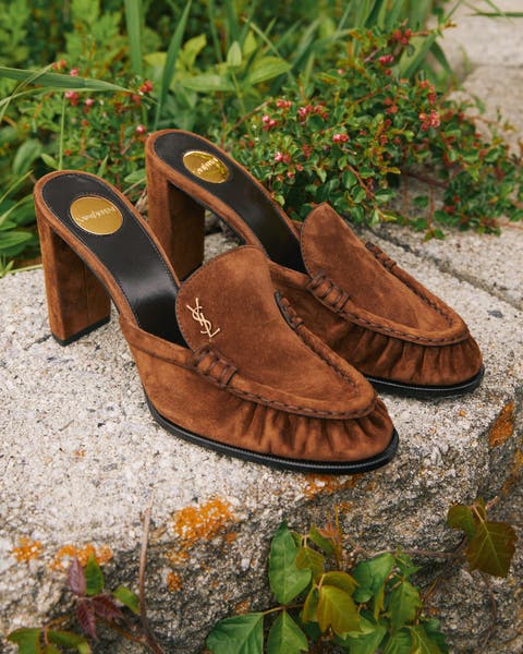 Brown suede mule pumps from Saint Laurent.