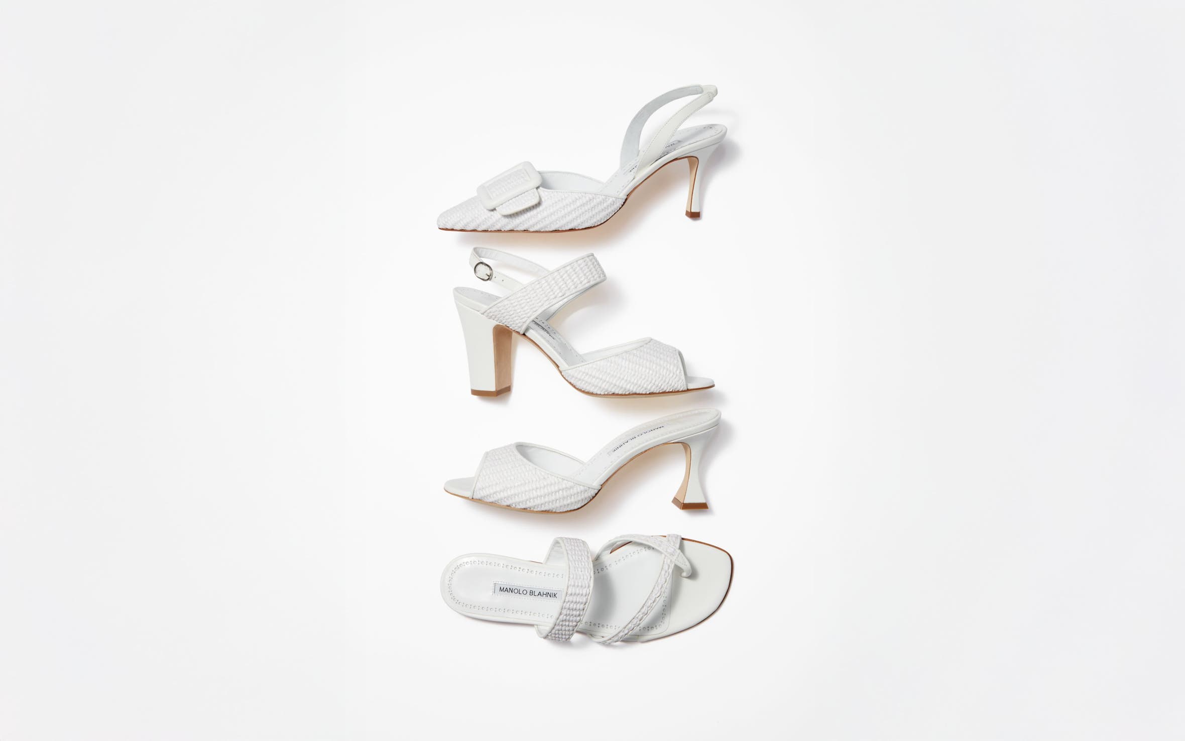 Nordstrom-exclusive white Manolo Blahnik heels in different styles.