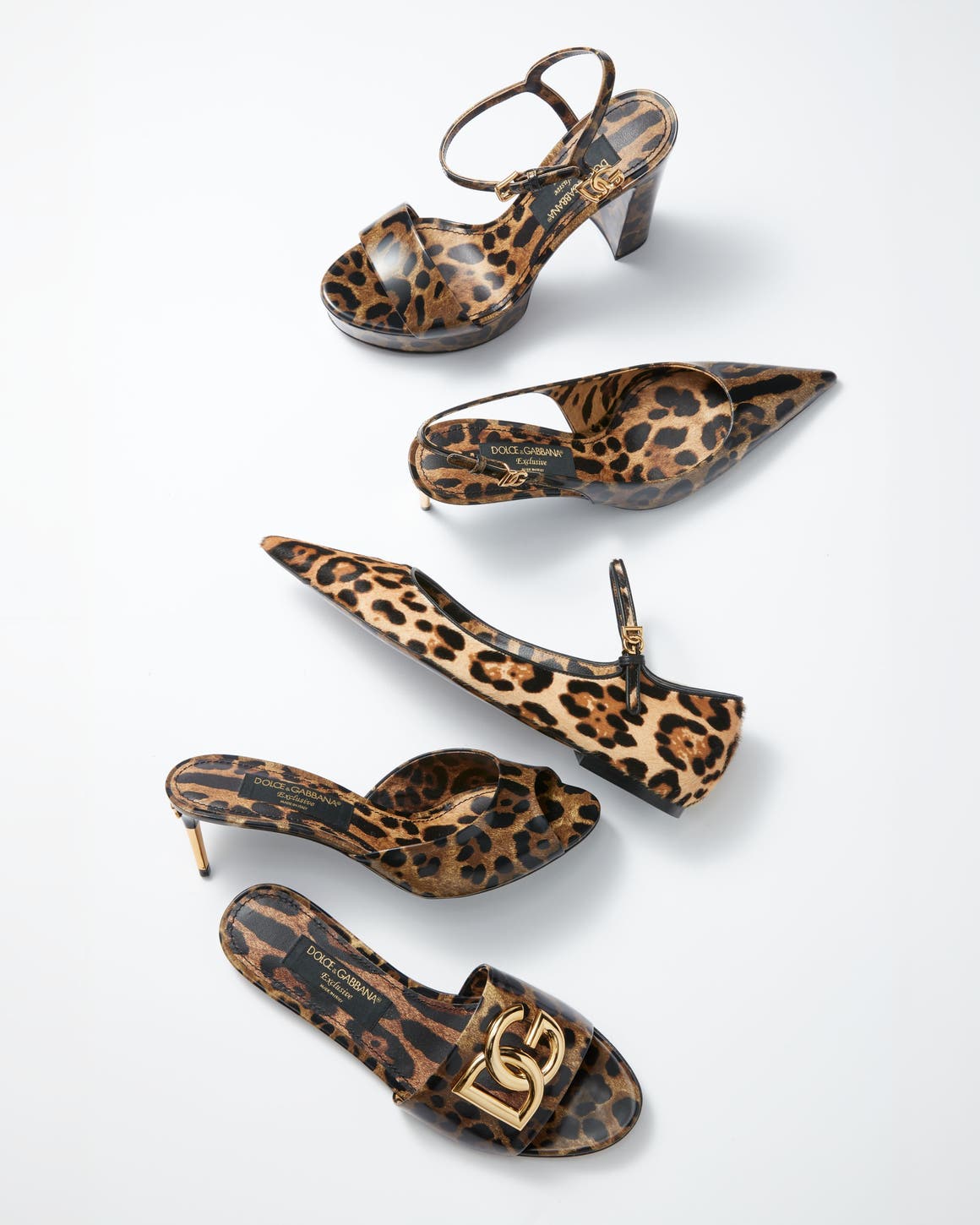 Assorted leopard-print heels, mules and flats with gold hardware