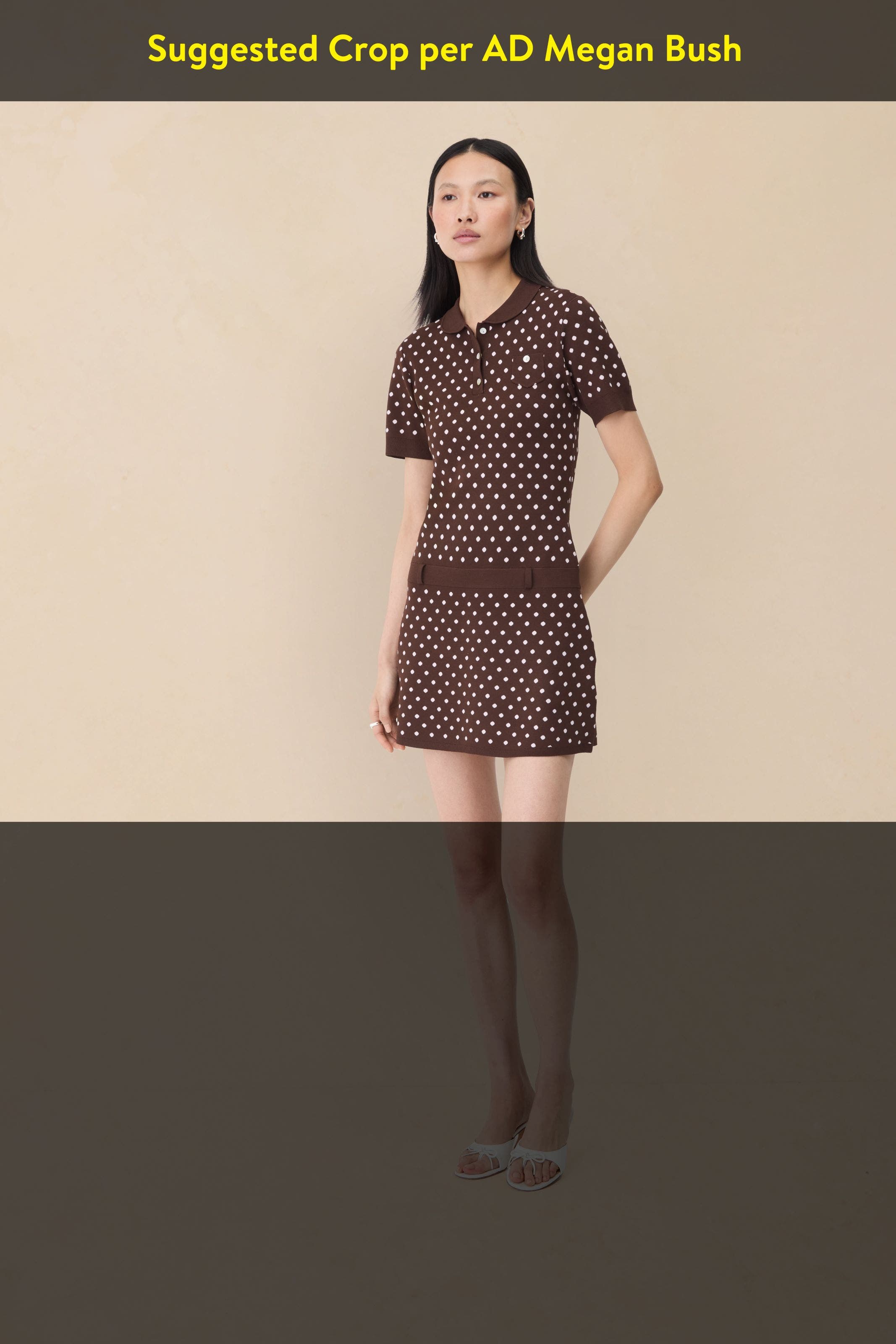 Woman wearing Sandy Liang short-sleeve sweater and skirt.