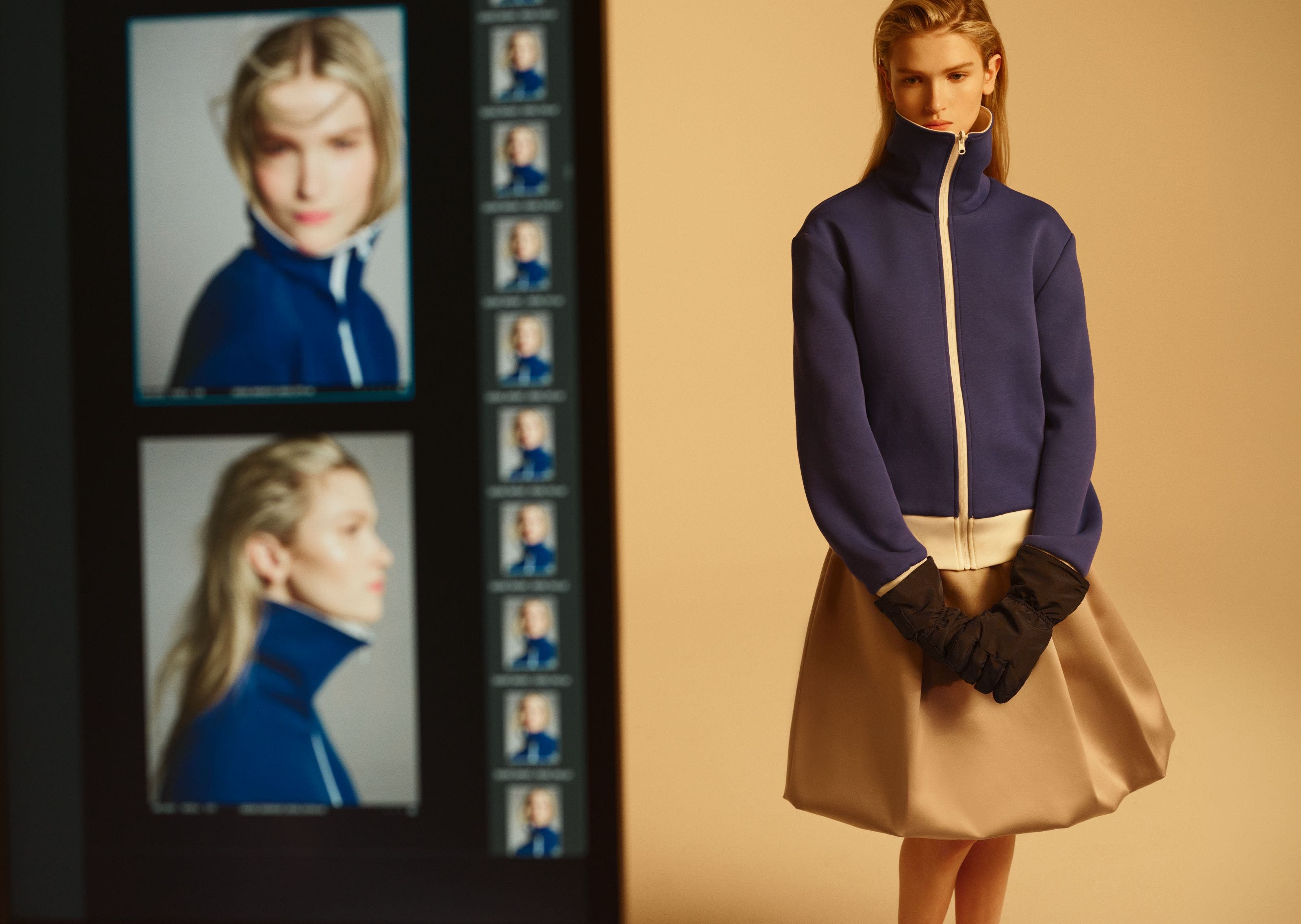 Split image showing a contact sheet of a woman in a blue turtleneck on the left, and a full styled shot on the right of a woman wearing a purple zip-front jacket, tan skirt and black gloves