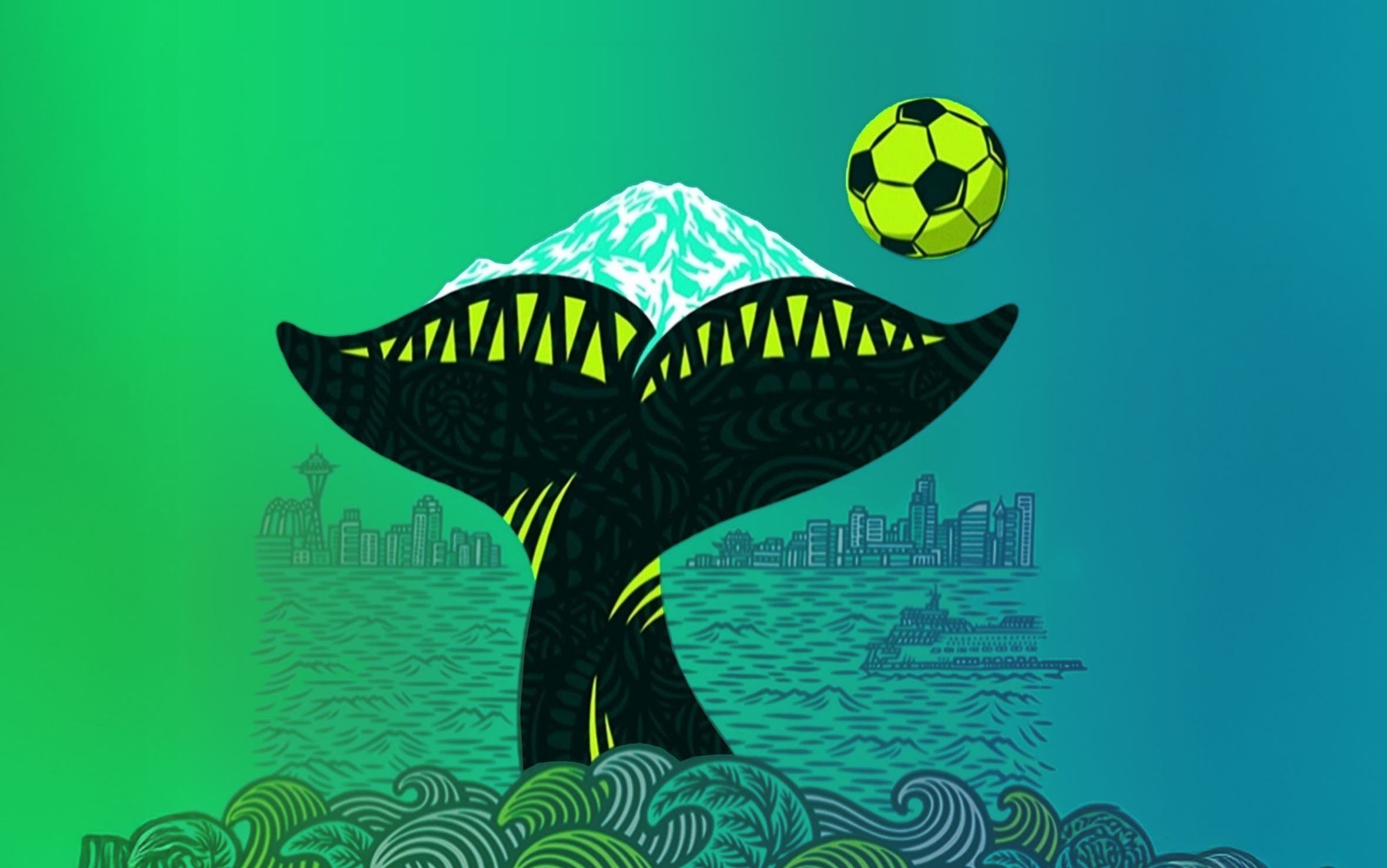 Graphic art of a whale and soccer ball in Seattle.