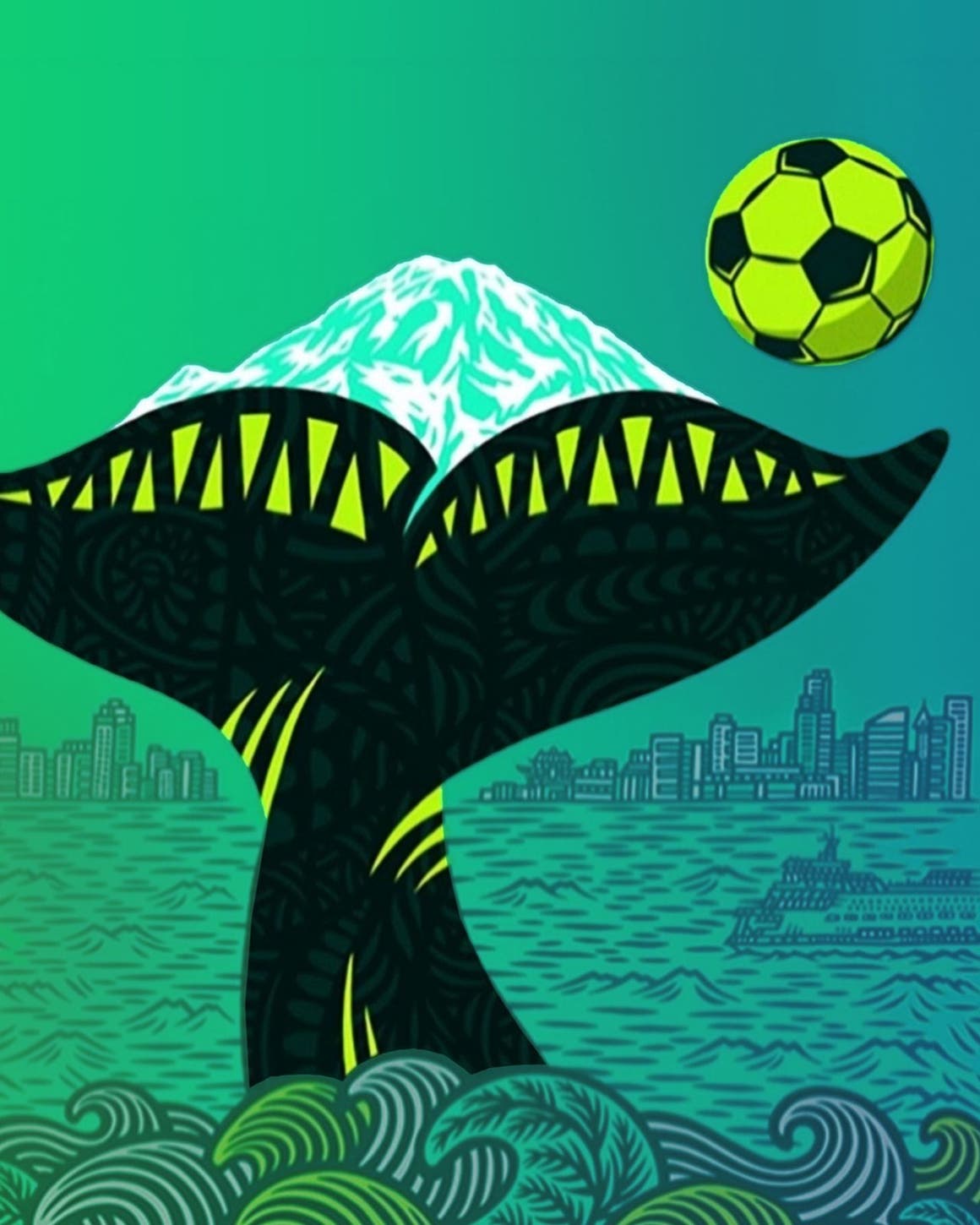 Graphic art of a whale and soccer ball in Seattle.