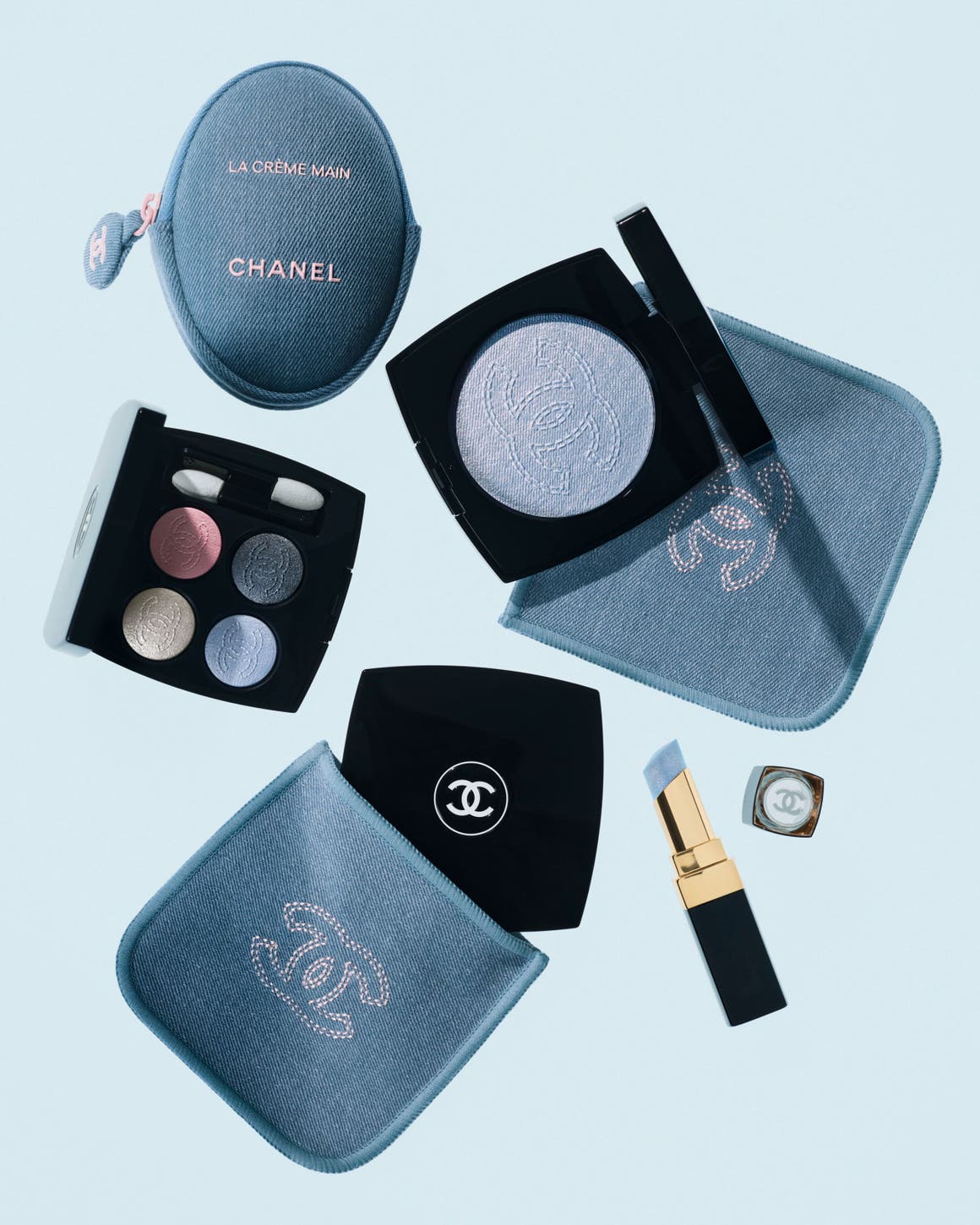 Products from the exclusive CHANEL Denim Makeup Collection. 