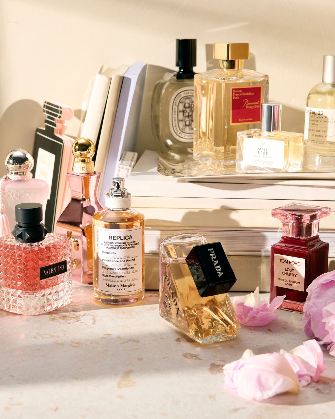 An assortment of perfume bottles. 