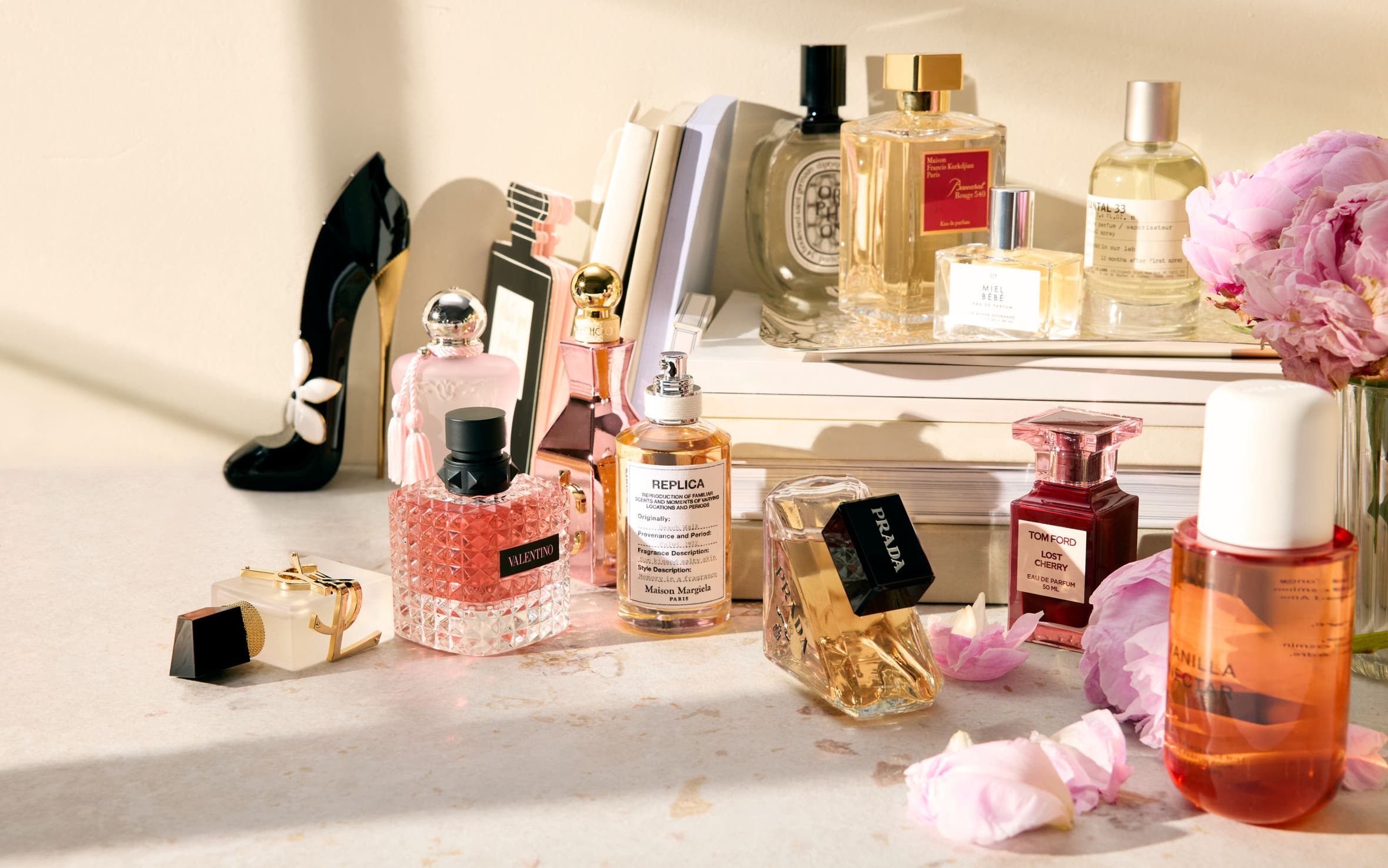 An assortment of perfume bottles. 