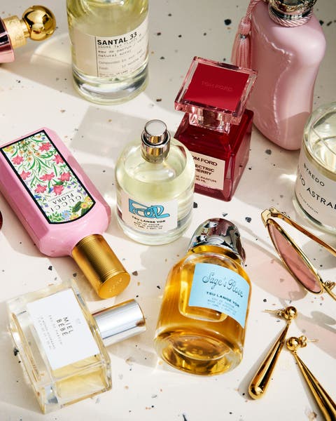 Multiple fragrance bottles.