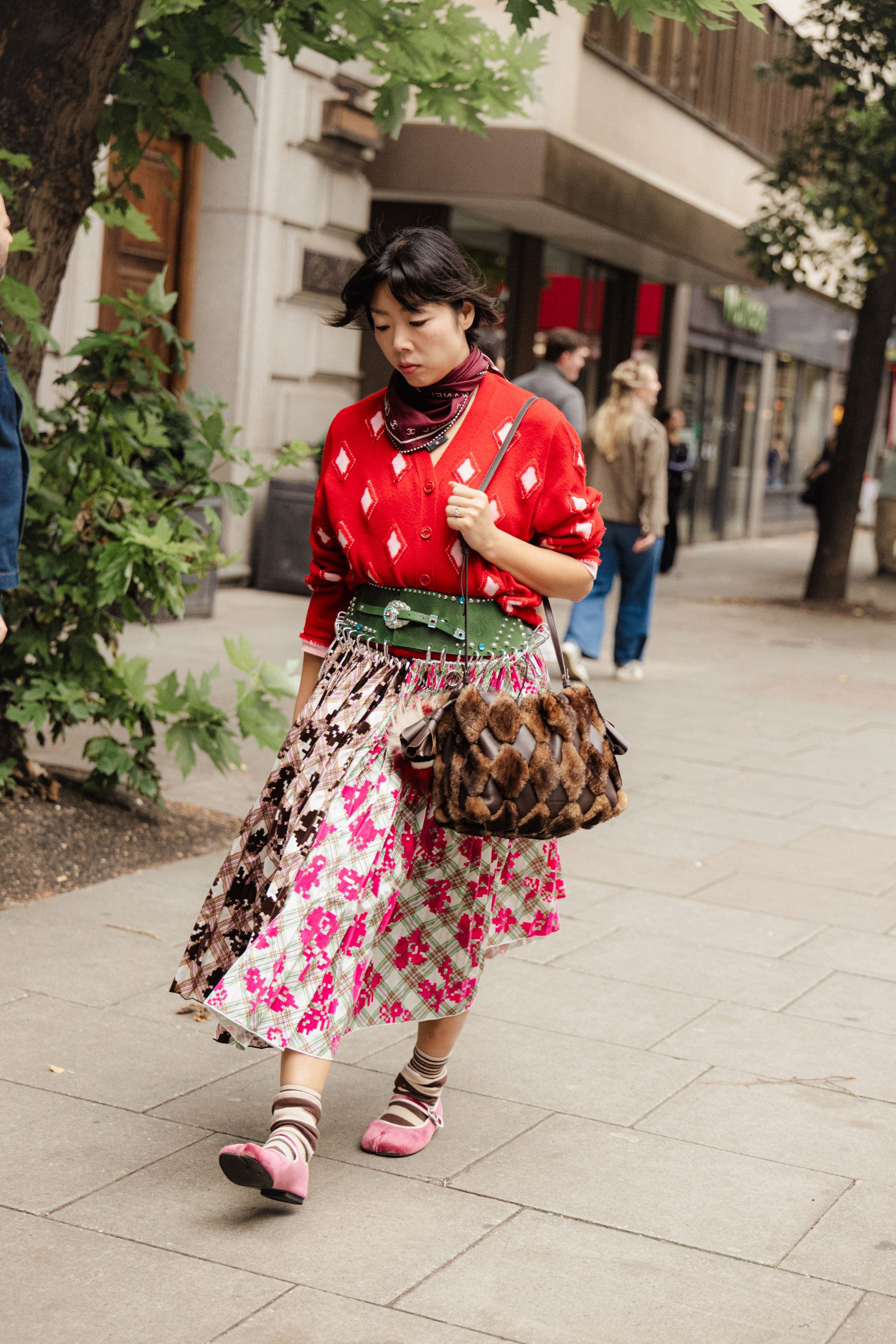 A woman outside the shows at London Fashion Week.