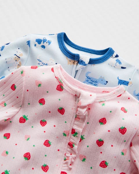 A pair of printed onsies.