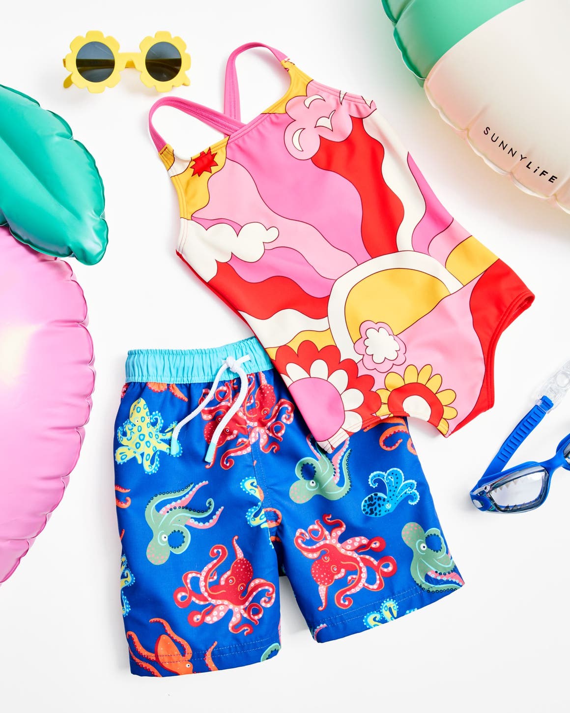Colorful kids' swimwear and accessories.