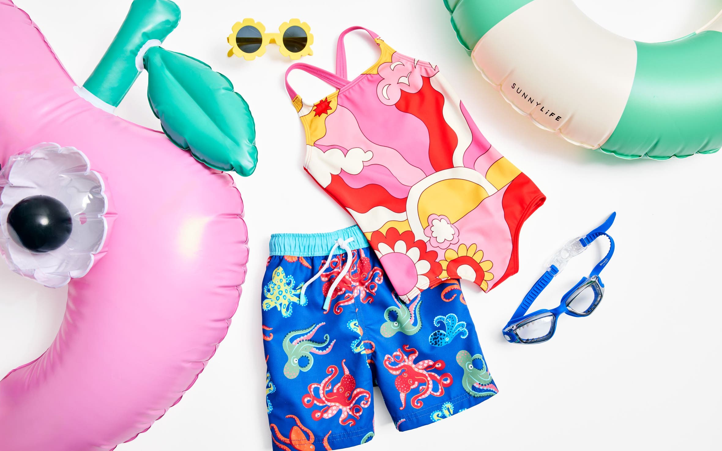 Colorful kids' swimwear and accessories.