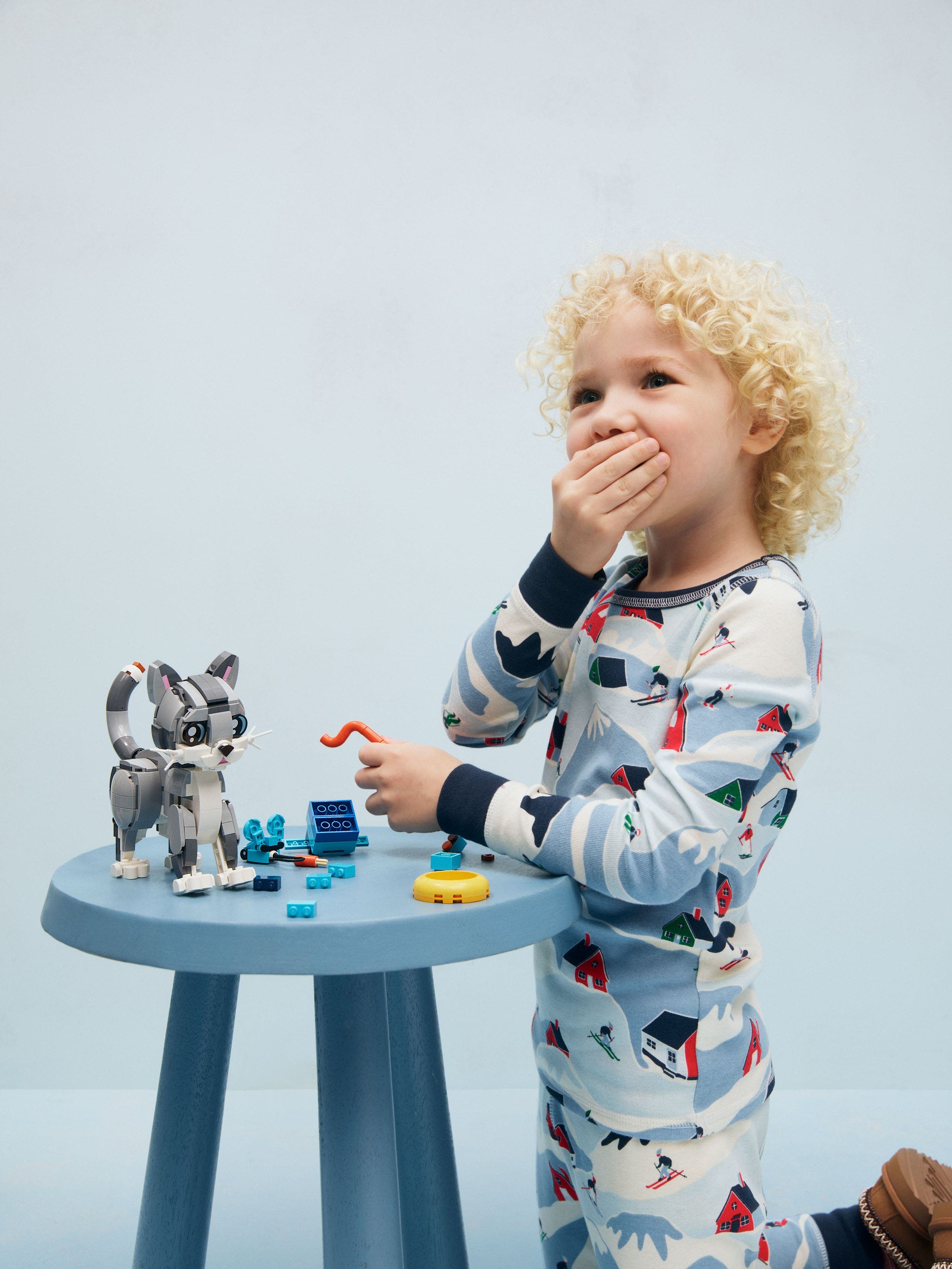 A child building a Lego cat.