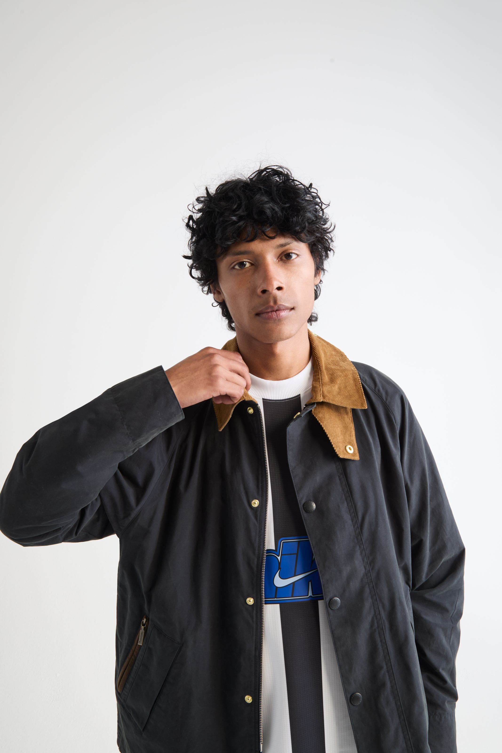 Man wearing a Barbour jacket.