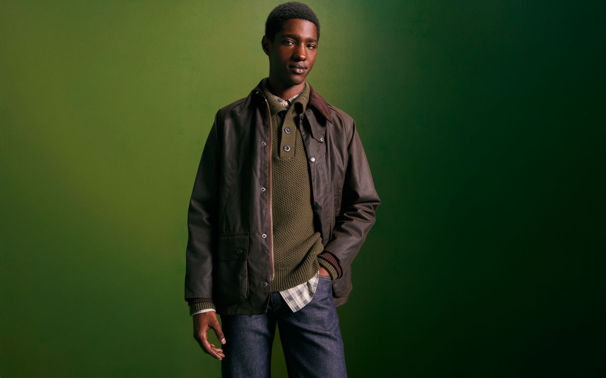 Man wearing a jacket, sweater, flannel shirt and jeans.