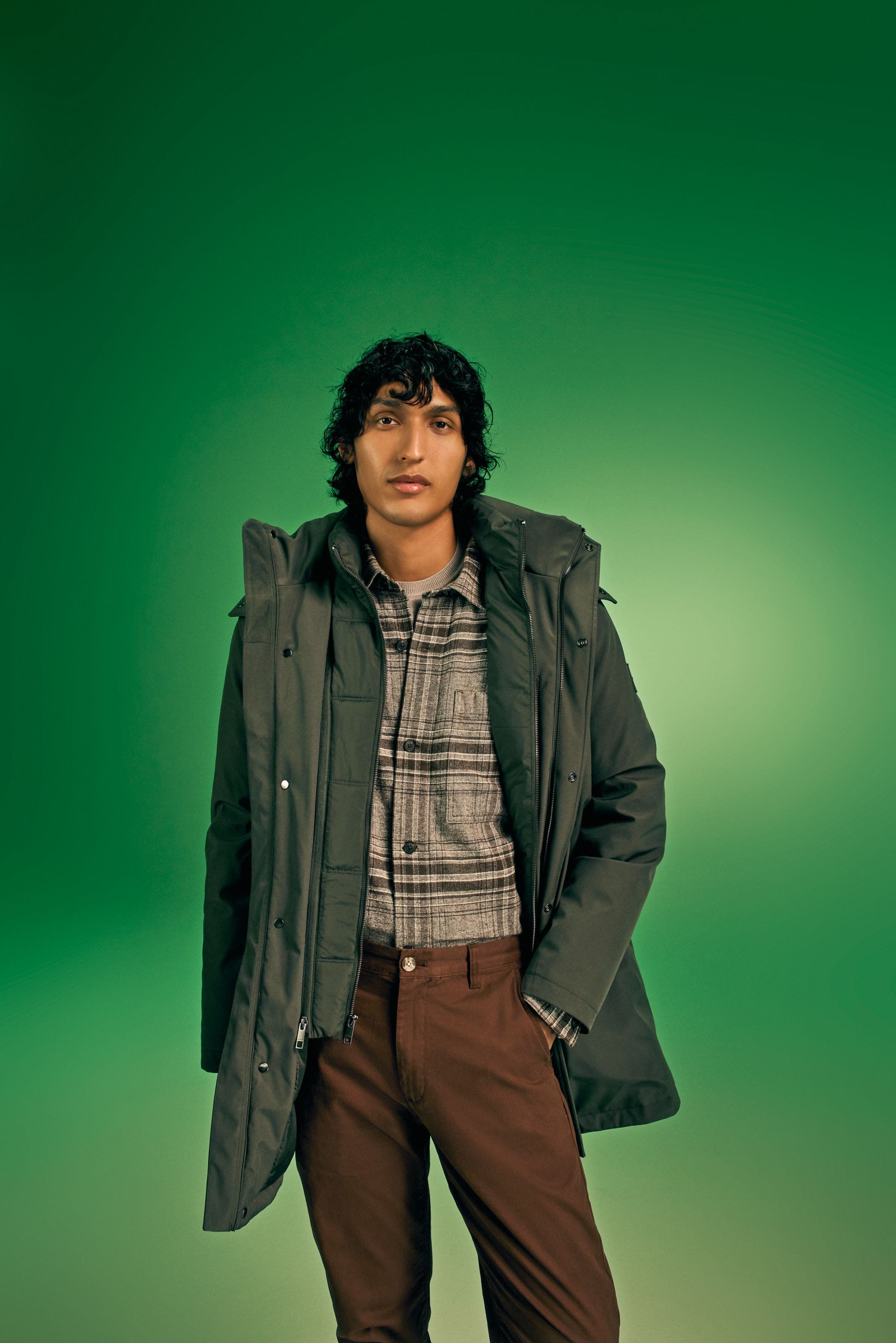 Man in an olive jacket, brown plaid shirt, and brown chinos on green.