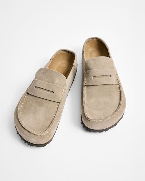 Suede penny loafer clogs.