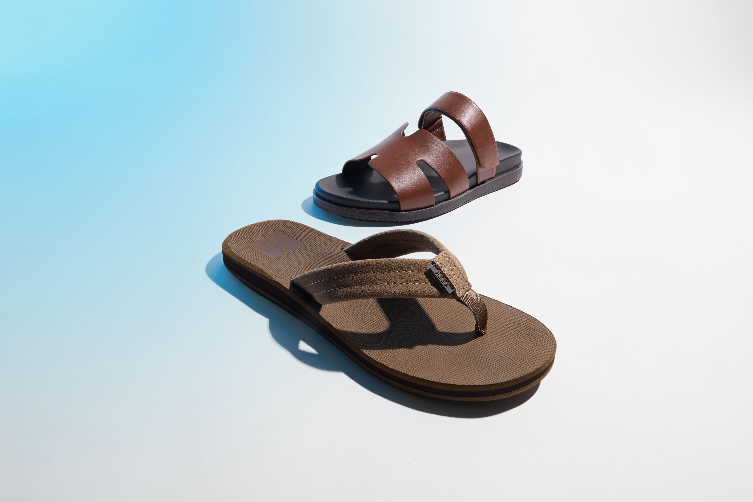 A flip-flop and a slip-on sandal.