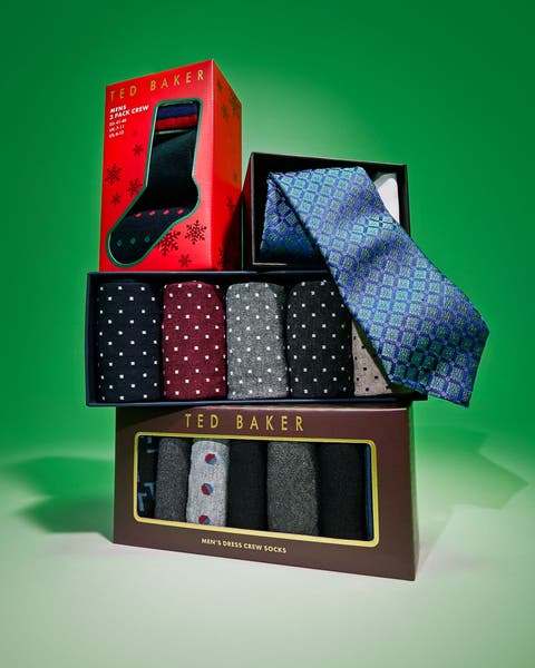 ed Baker men's gift sets including dress socks, a patterned tie, and a holiday sock 3-pack.