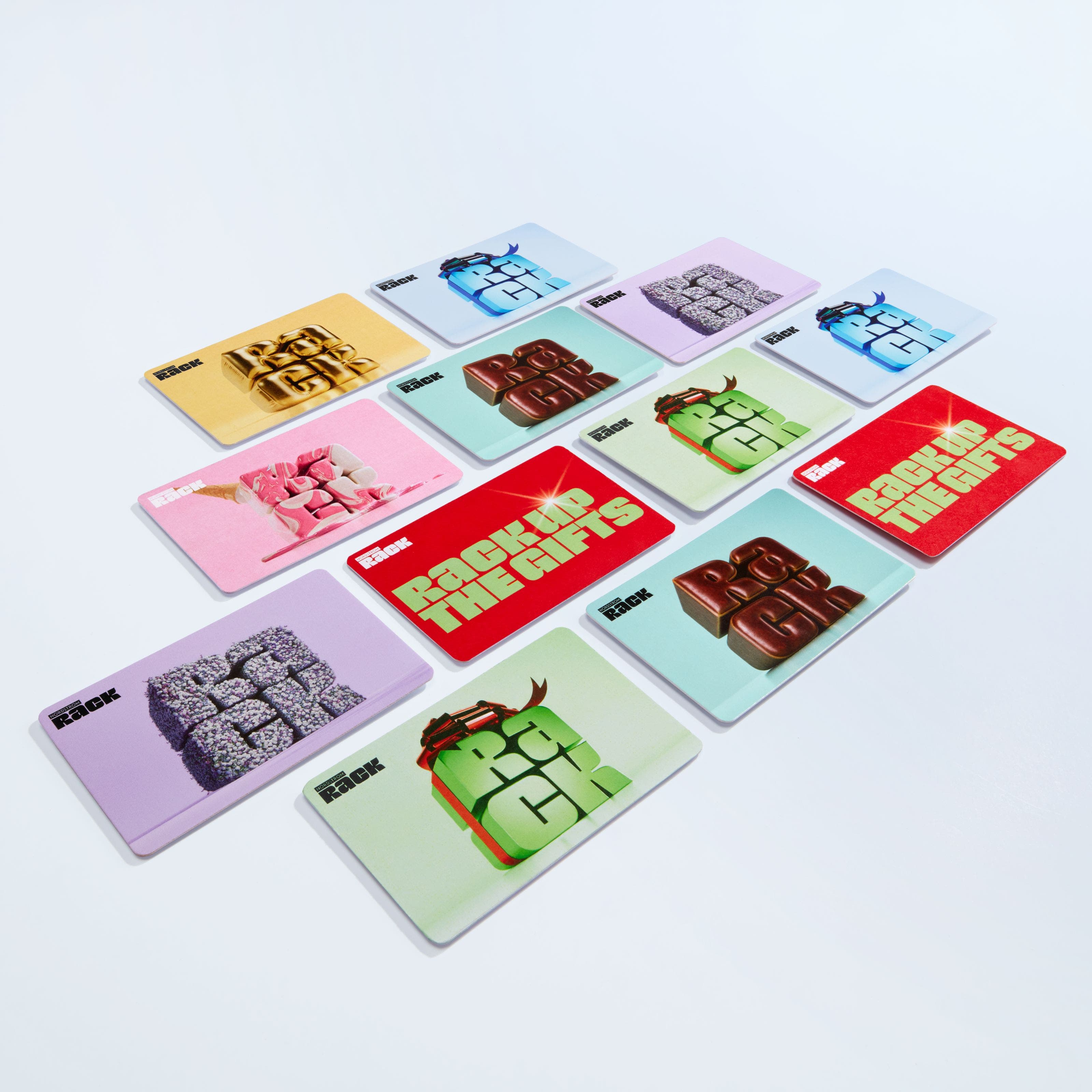 A selection of colorful Nordstrom Rack gift cards. 
