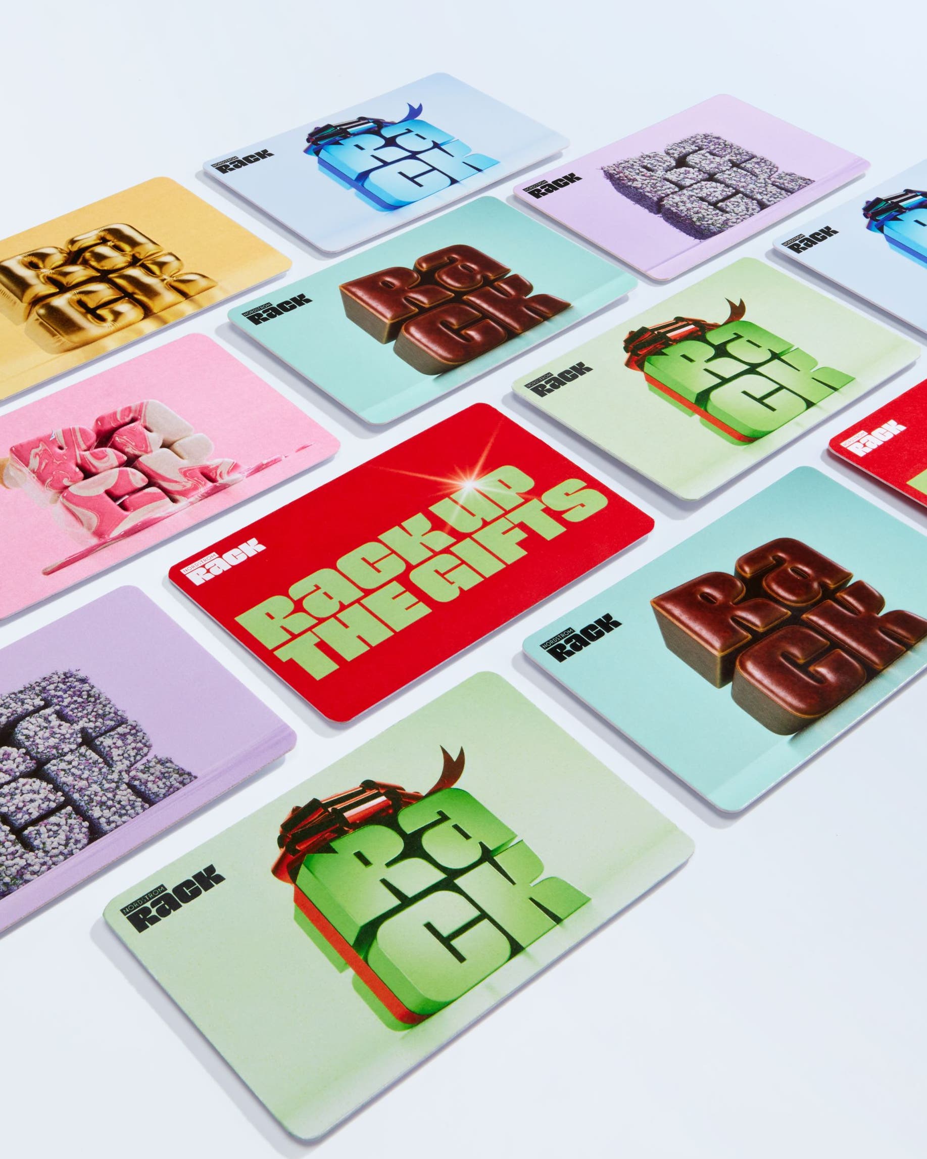 A selection of colorful Nordstrom Rack gift cards. 