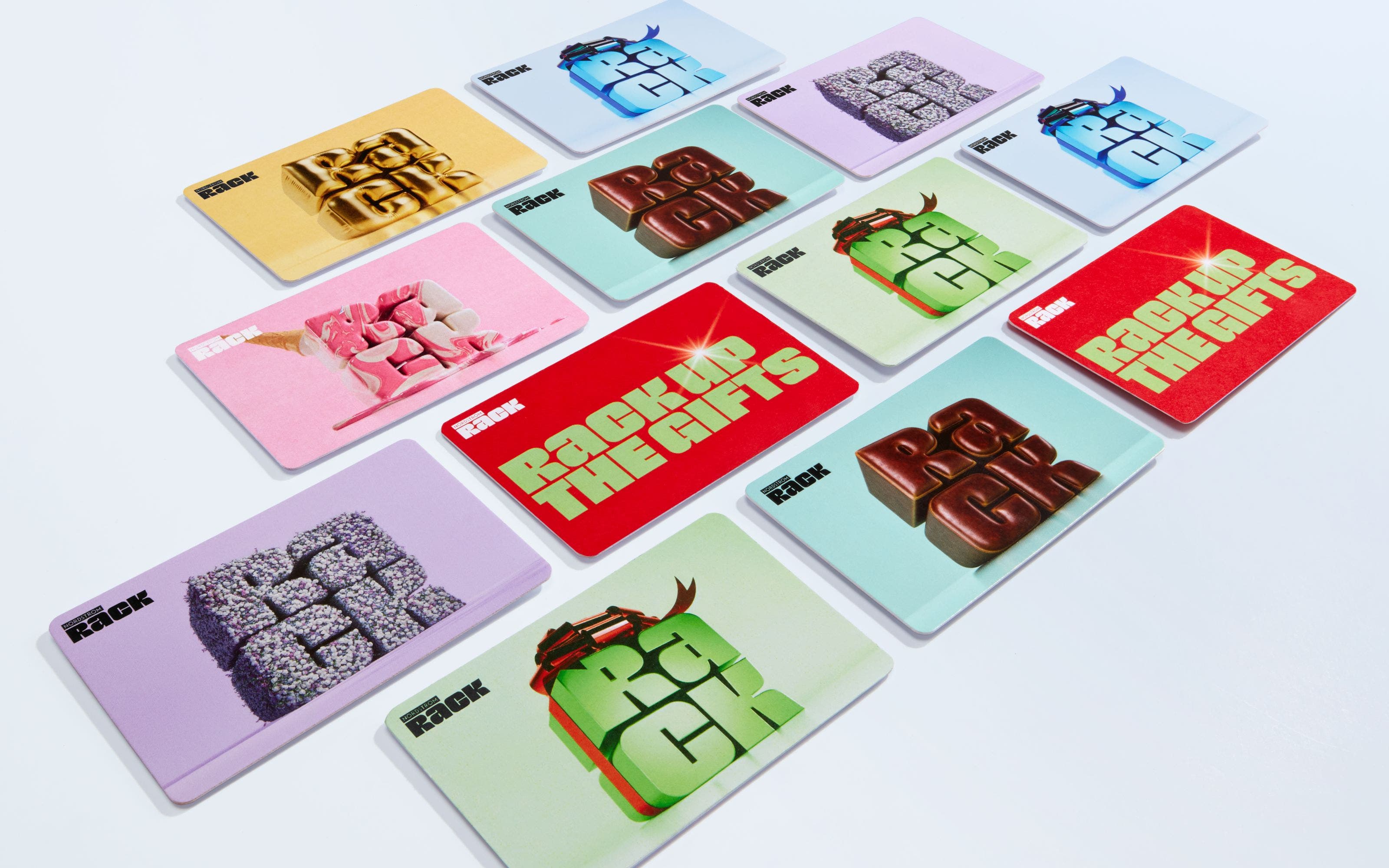 A selection of colorful Nordstrom Rack gift cards. 